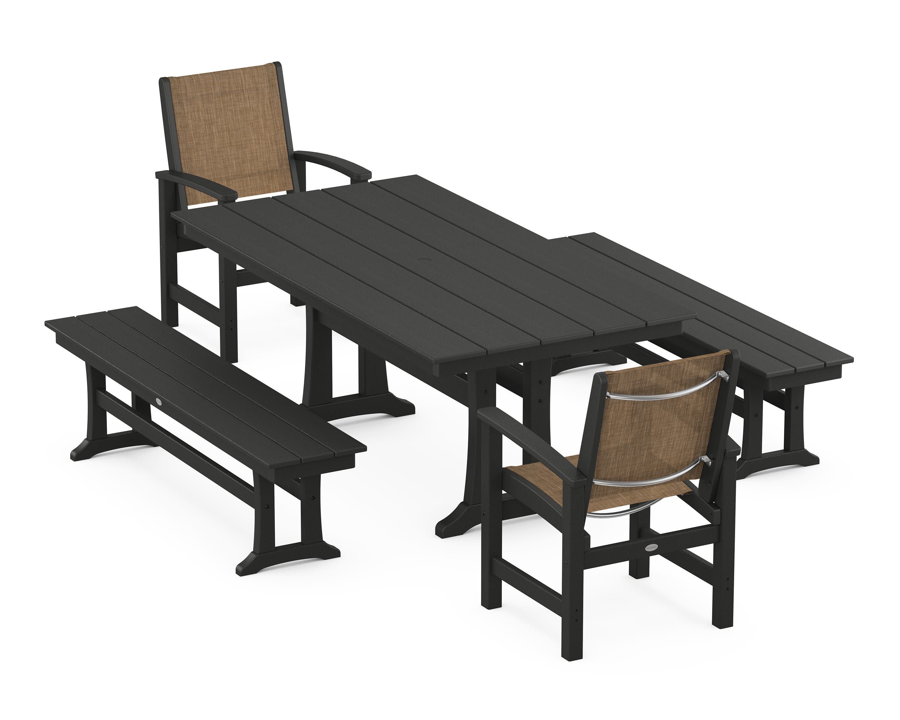 Coastal 5-Piece Farmhouse Dining Set with Trestle Legs and Benches in Black / Burlap Sling