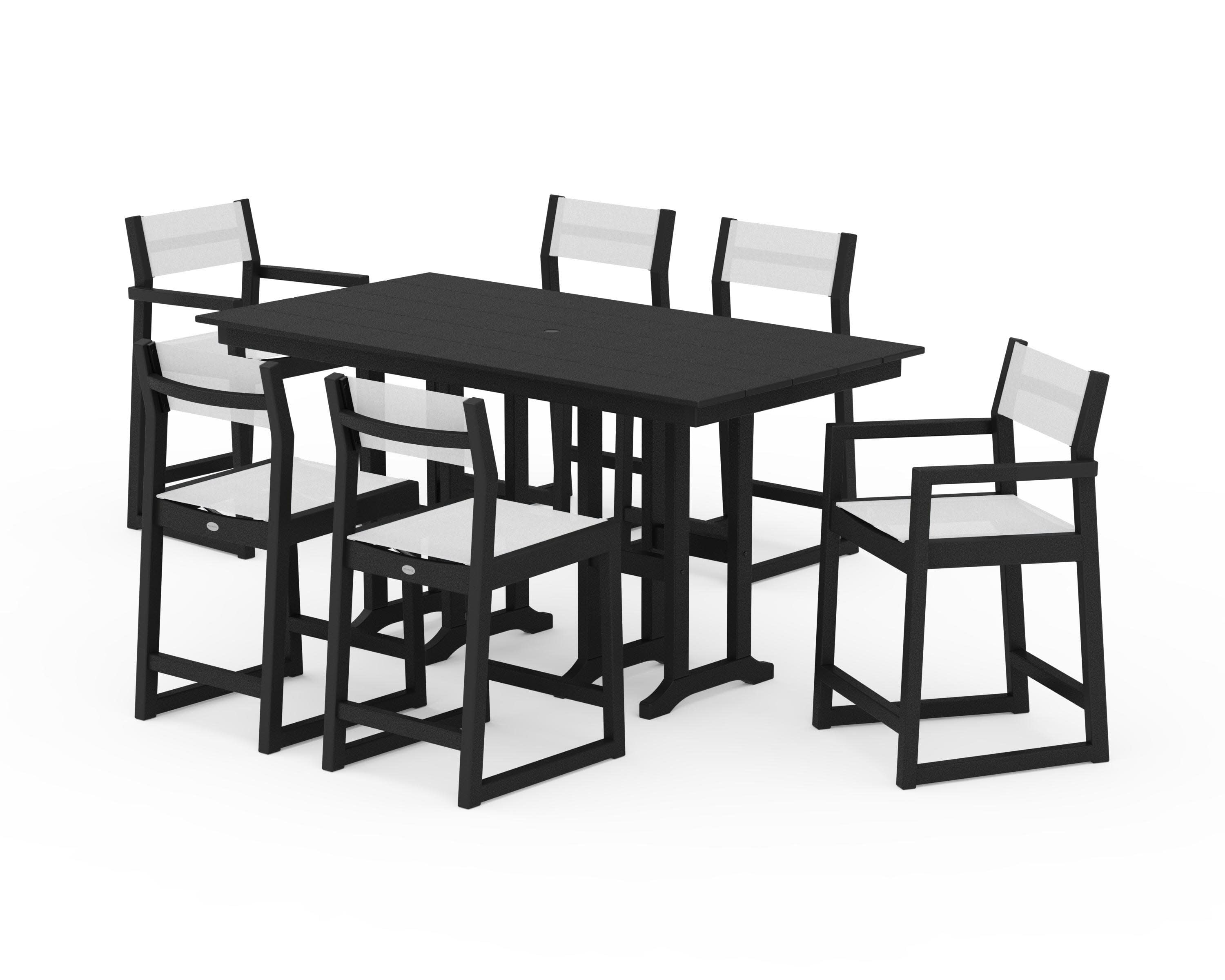 EDGE Sling 7-Piece Farmhouse Counter Set with Trestle Legs in Black / White Sling