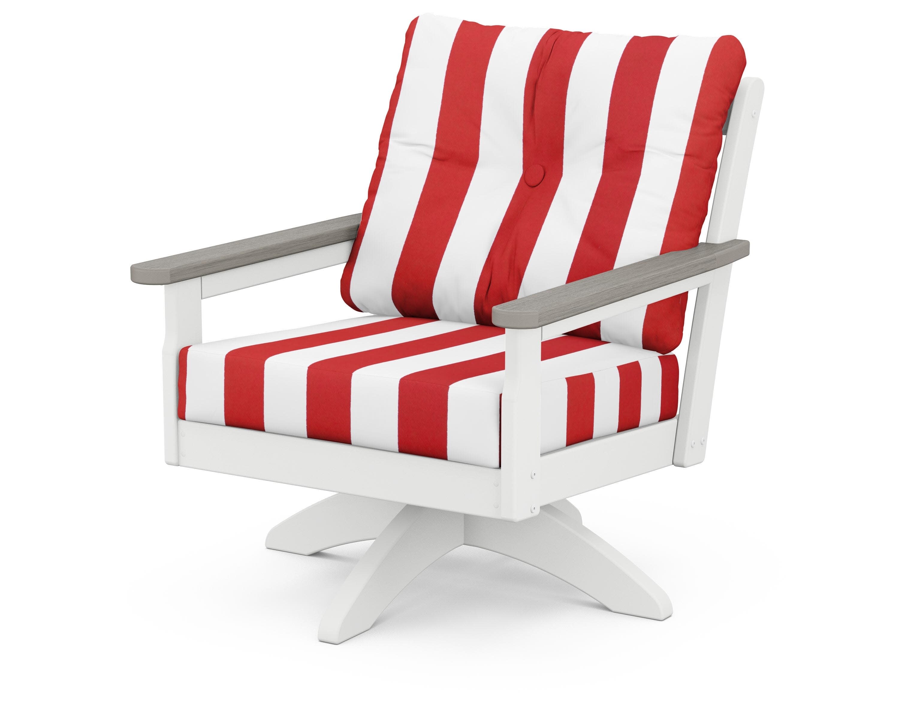 Vineyard Deep Seating Swivel Chair in White / Driftwood / Cabana Stripe Crimson