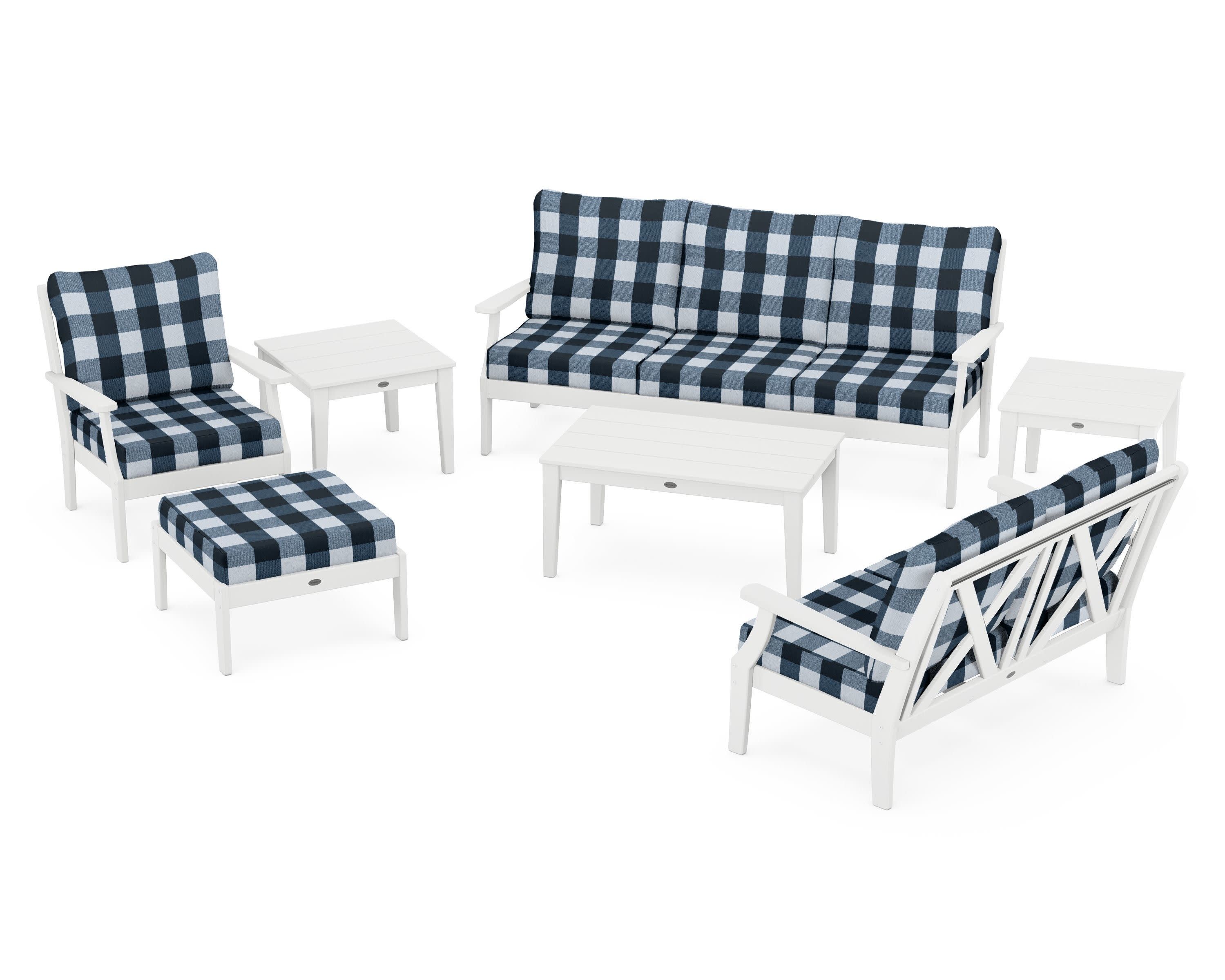 Braxton 7-Piece Deep Seating Set in White / Buffalo Plaid Marine Indigo