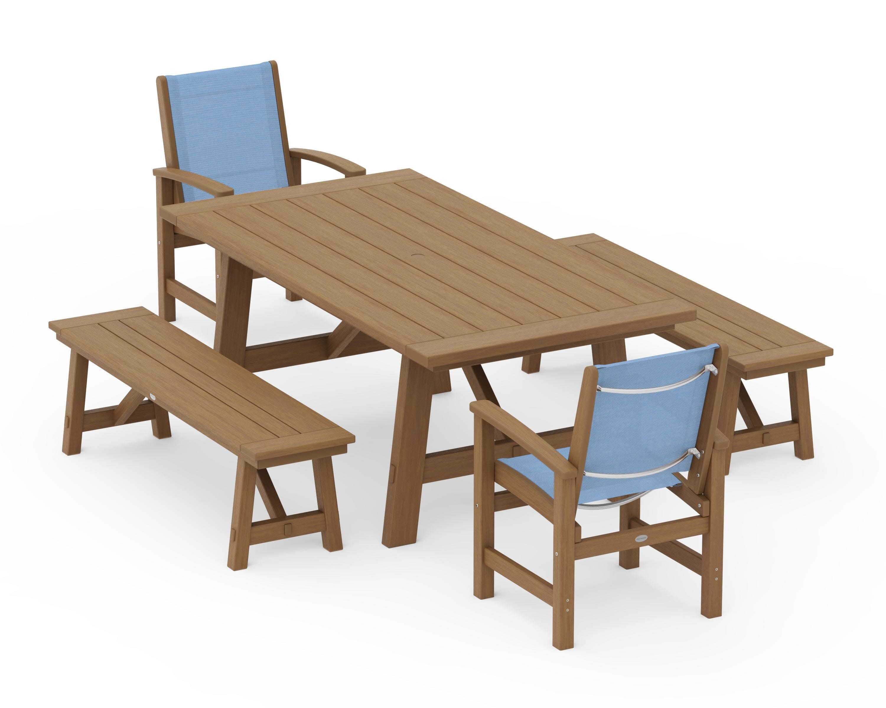 Coastal 5-Piece Rustic Farmhouse Dining Set With Benches in Natural / Poolside Sling