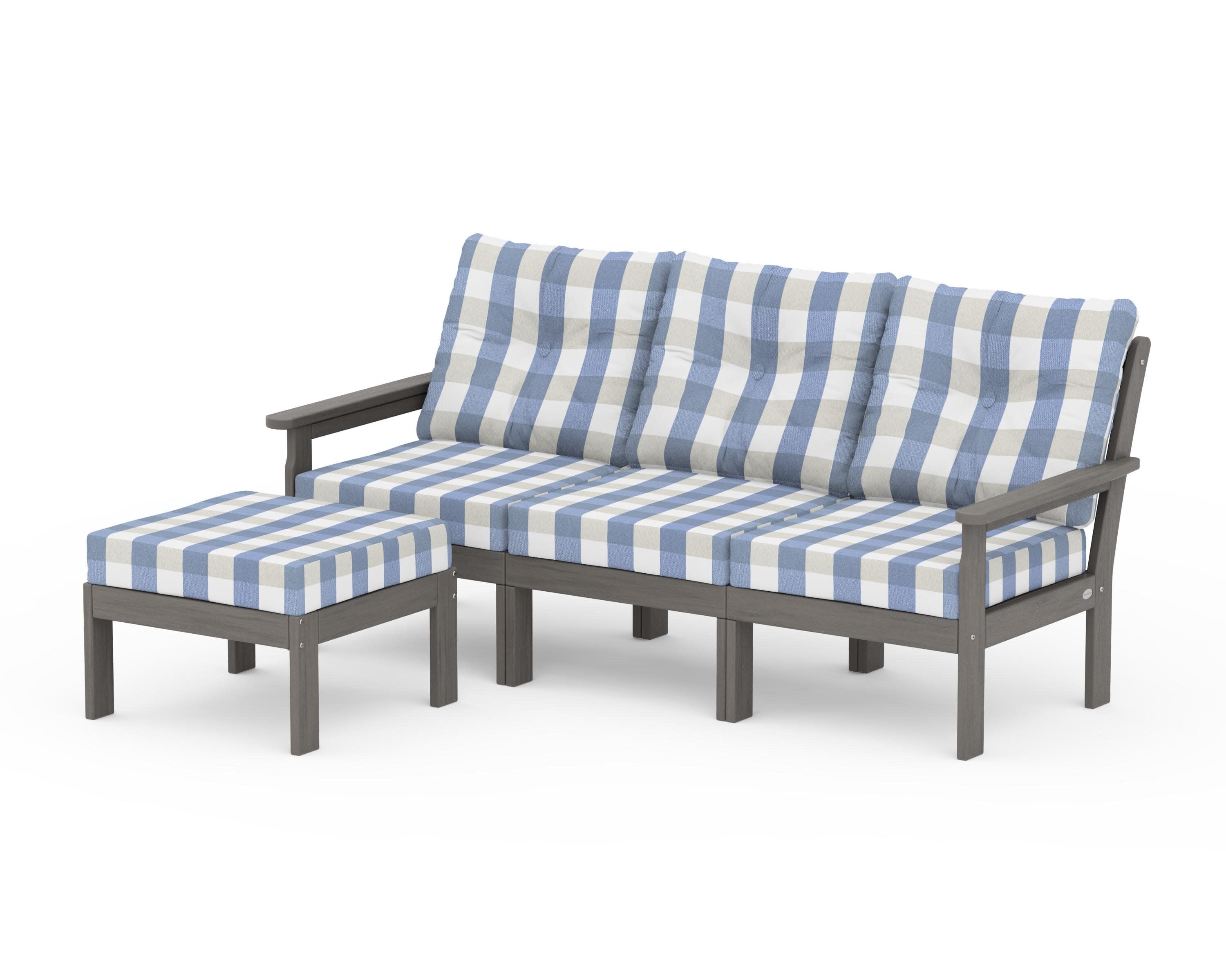Vineyard 4-Piece Sectional with Ottoman in Driftwood / Buffalo Plaid Sky Blue