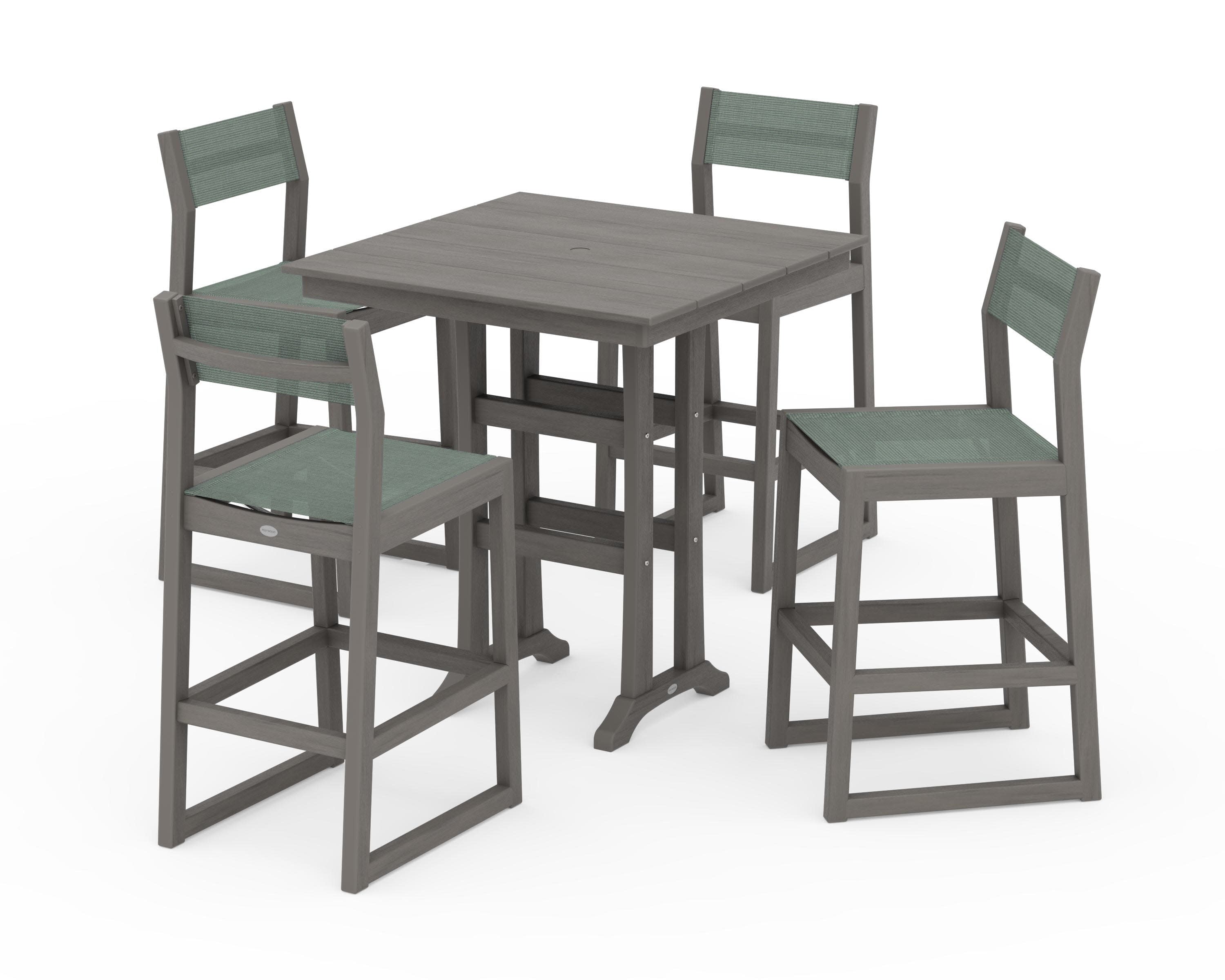 EDGE Sling Arm Chair 5-Piece Farmhouse Bar Set with Trestle Legs in Driftwood / Dupioni Sea Mist Sling