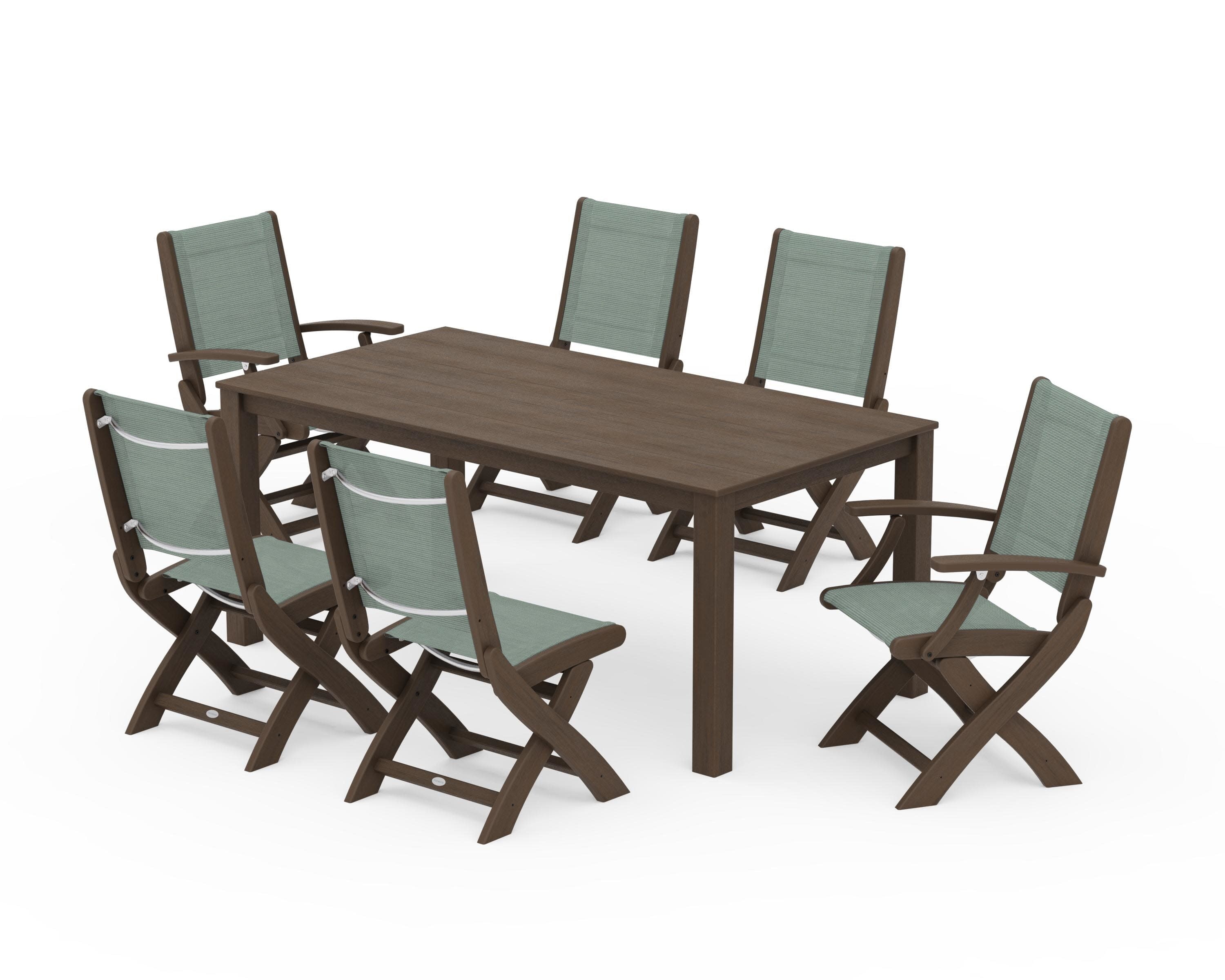 Coastal Folding Chair 7-Piece Parsons Dining Set in Kona / Dupioni Sea Mist Sling