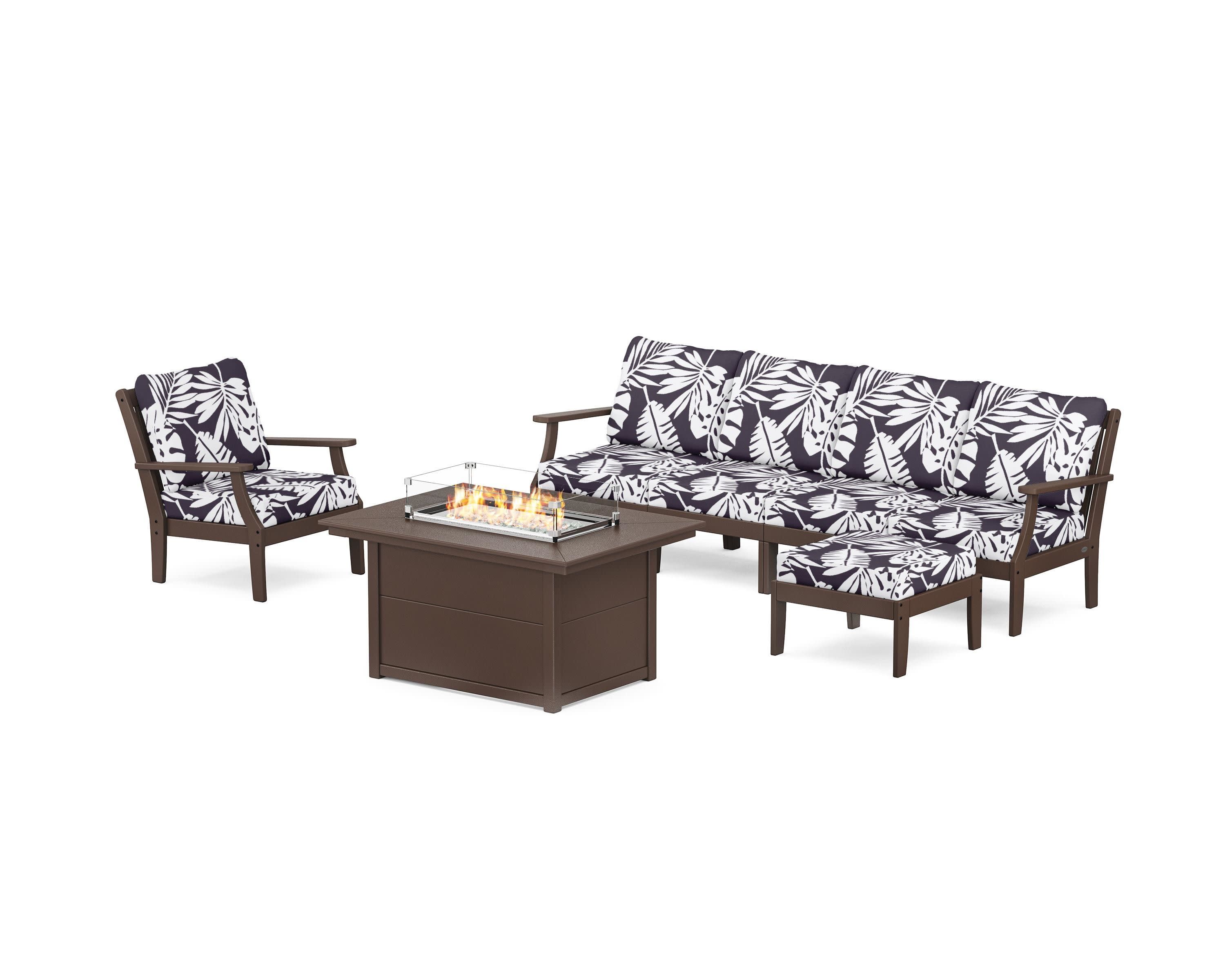 Braxton Sectional Lounge and Fire Pit Set in Mahogany / Leaf Navy