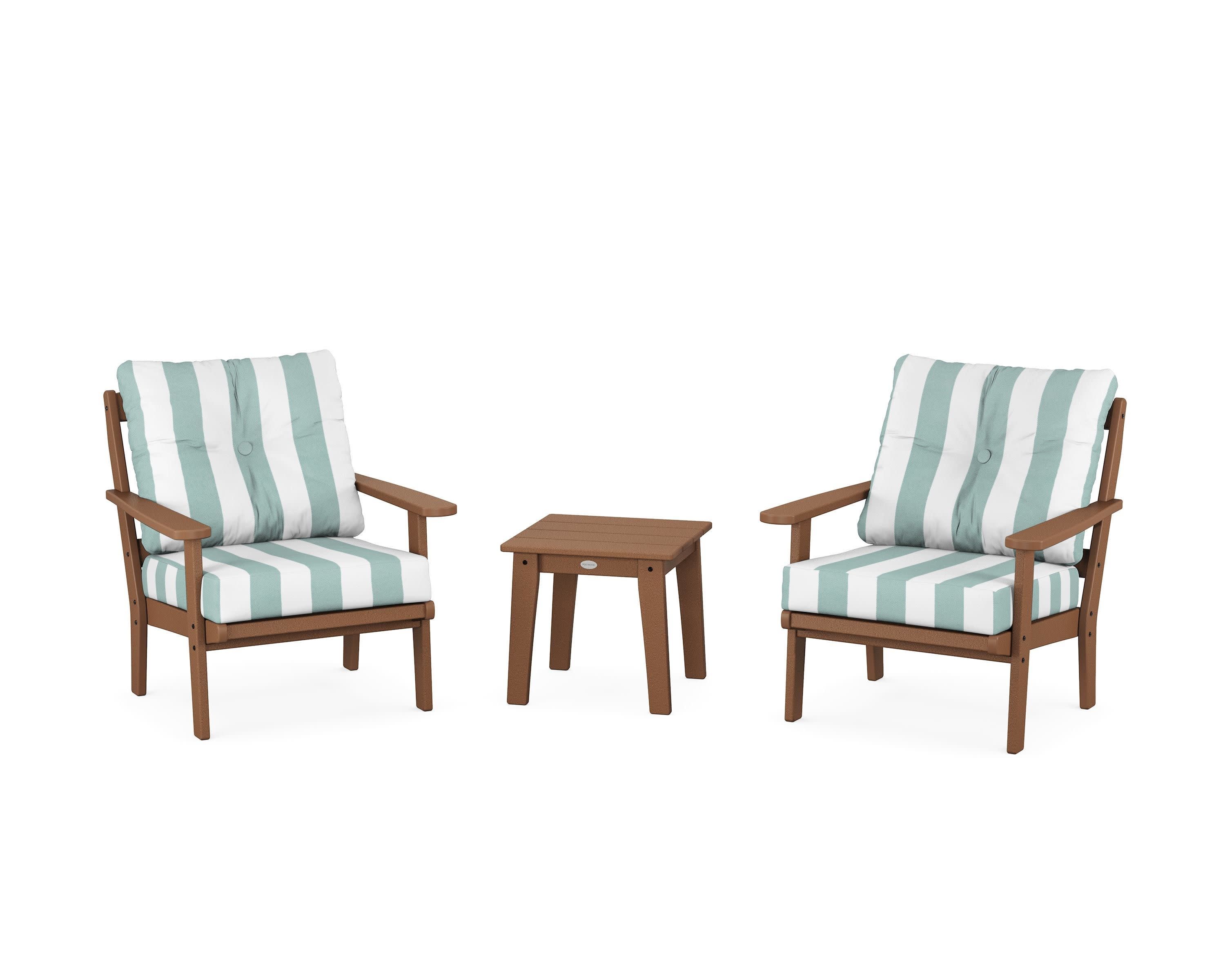 Mission 3-Piece Deep Seating Set in Teak / Cabana Stripe Glacier Spa