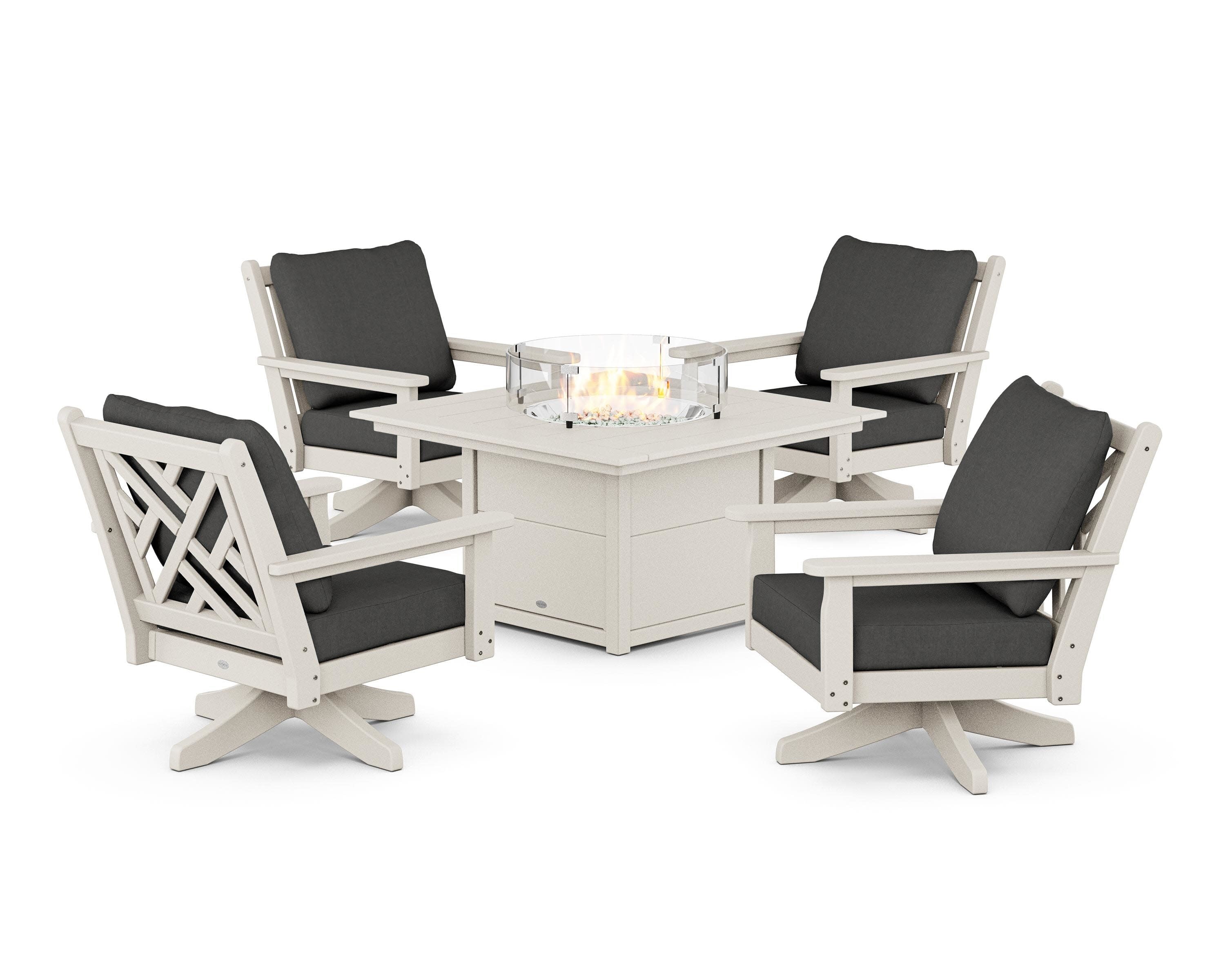 Chippendale 5-Piece Deep Seating Swivel Conversation Set with Fire Pit Table in Sand / Spectrum Carbon