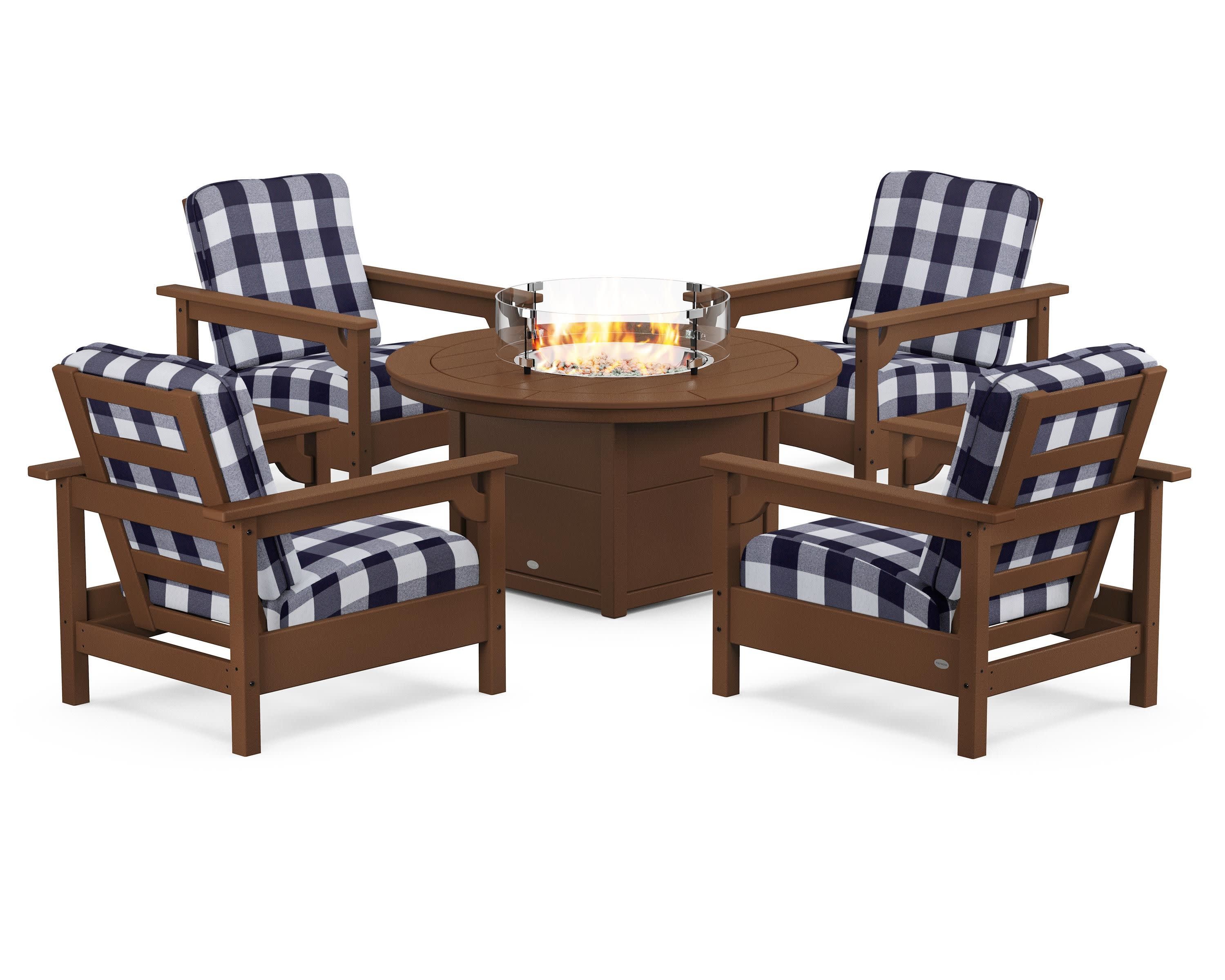 Club 5-Piece Conversation Set with Fire Pit Table in Teak / Buffalo Plaid Navy
