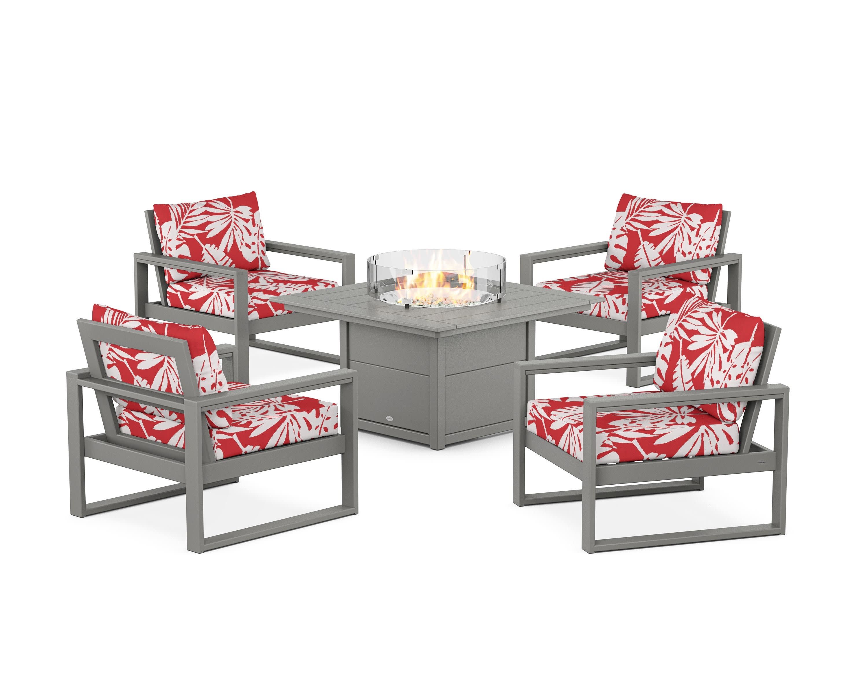 EDGE Sectional 5-Piece Deep Seating Set with Fire Pit Table in Slate Grey / Leaf Crimson