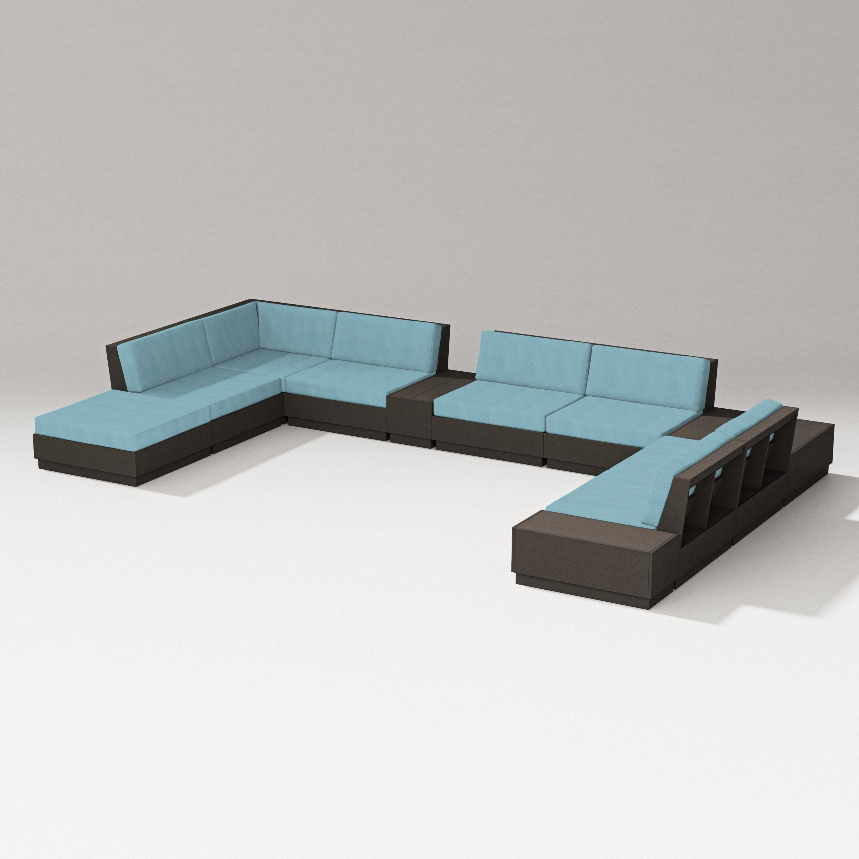 Elevate 11-Piece Conversation Sectional Set in Vintage Coffee / Lattice Sky Blue