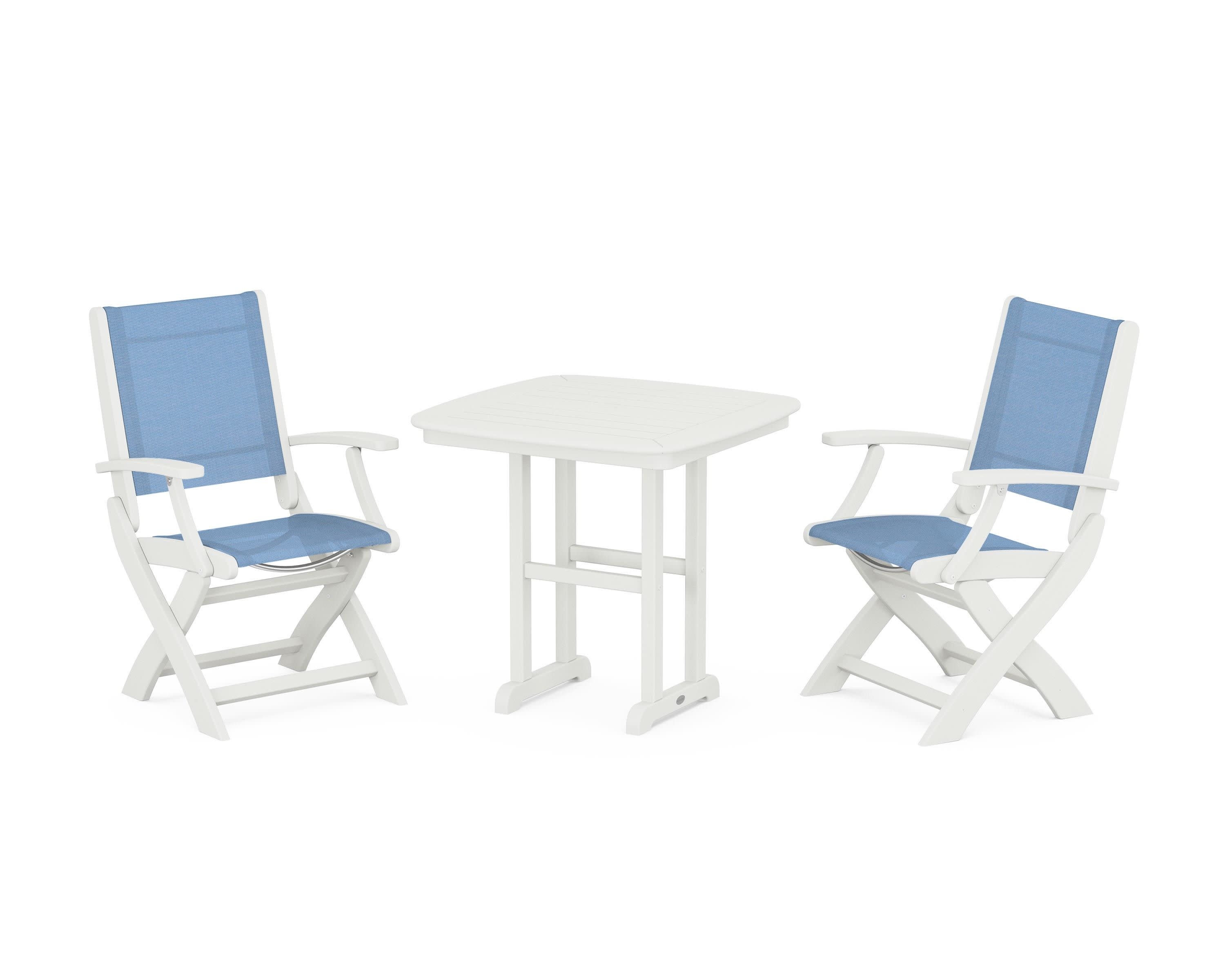 Coastal Folding Chair 3-Piece Dining Set in Vintage White / Poolside Sling