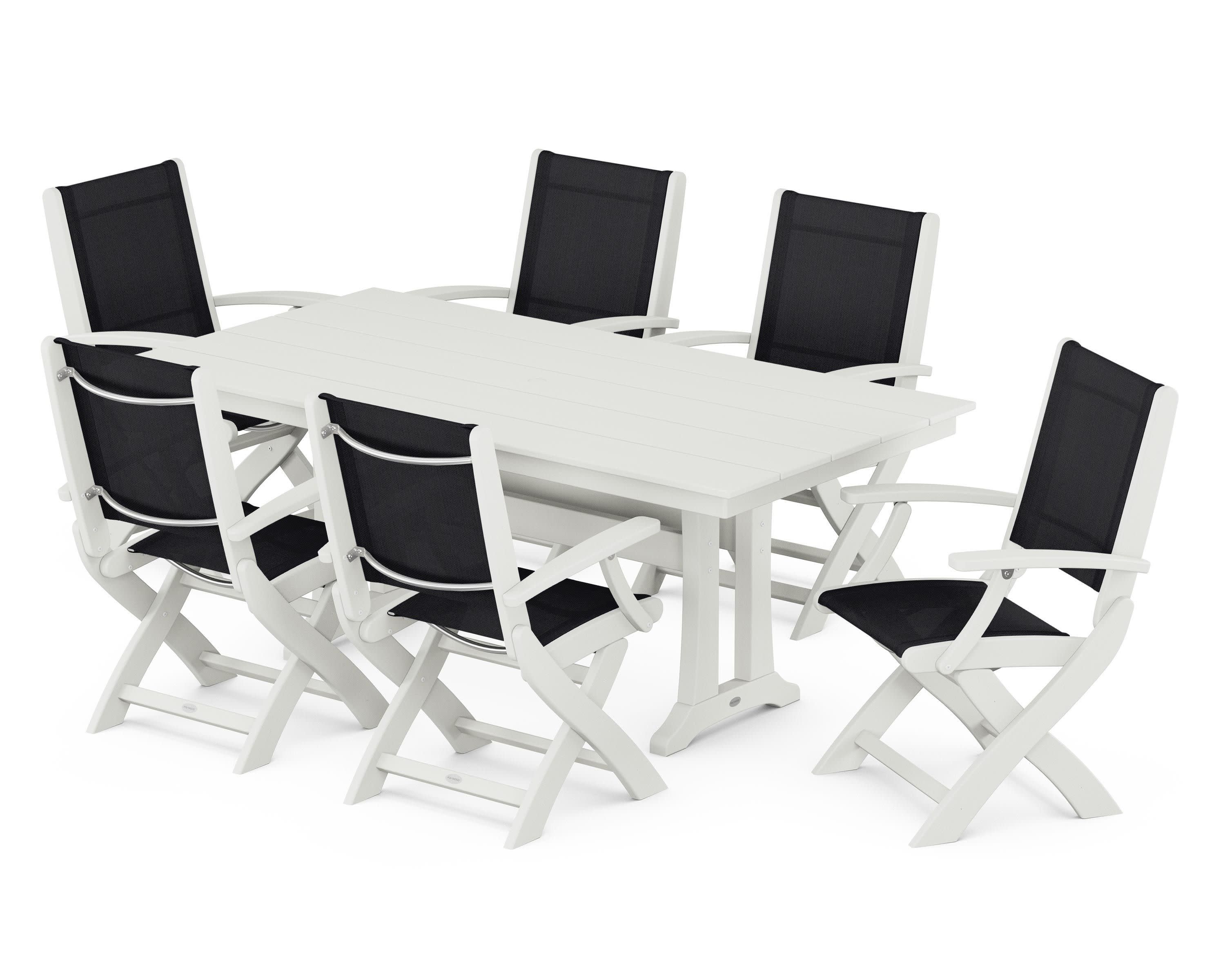 Coastal Folding Arm Chair 7-Piece Farmhouse Dining Set with Trestle Legs in Vintage White / Black Sling