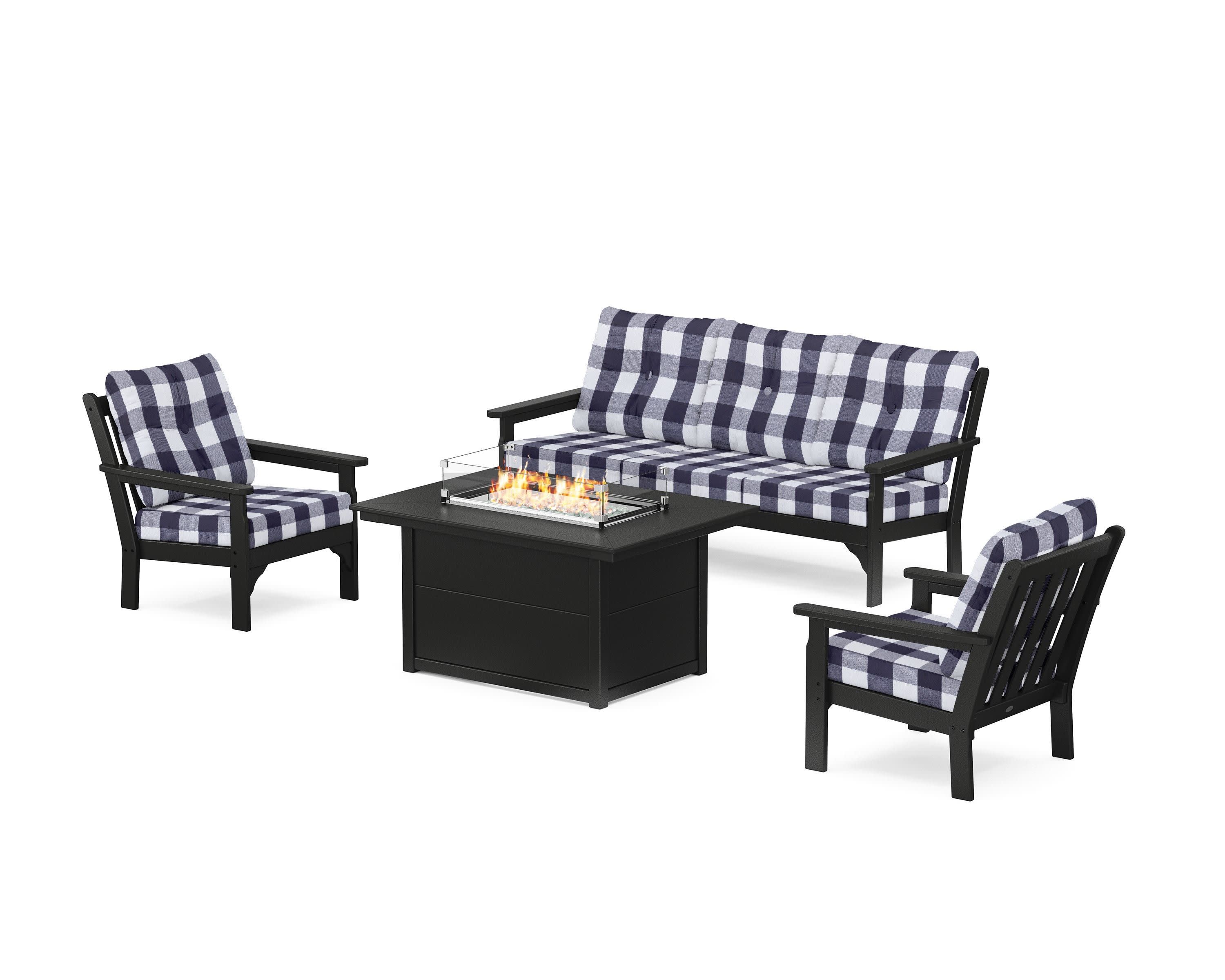 Vineyard Deep Seating Fire Pit Table Set in Black / Buffalo Plaid Navy