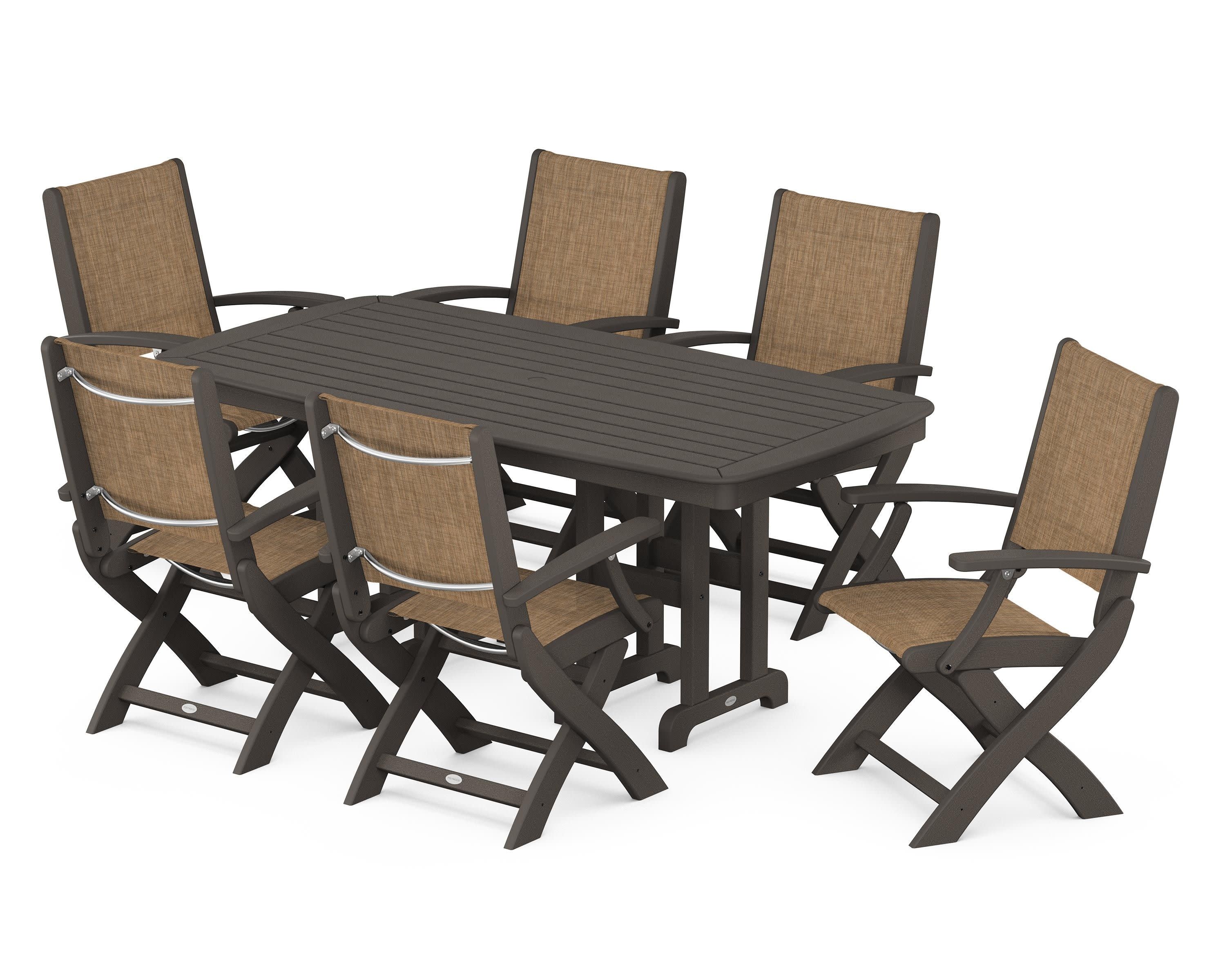Coastal Folding Arm Chair 7-Piece Dining Set in Vintage Coffee / Burlap Sling