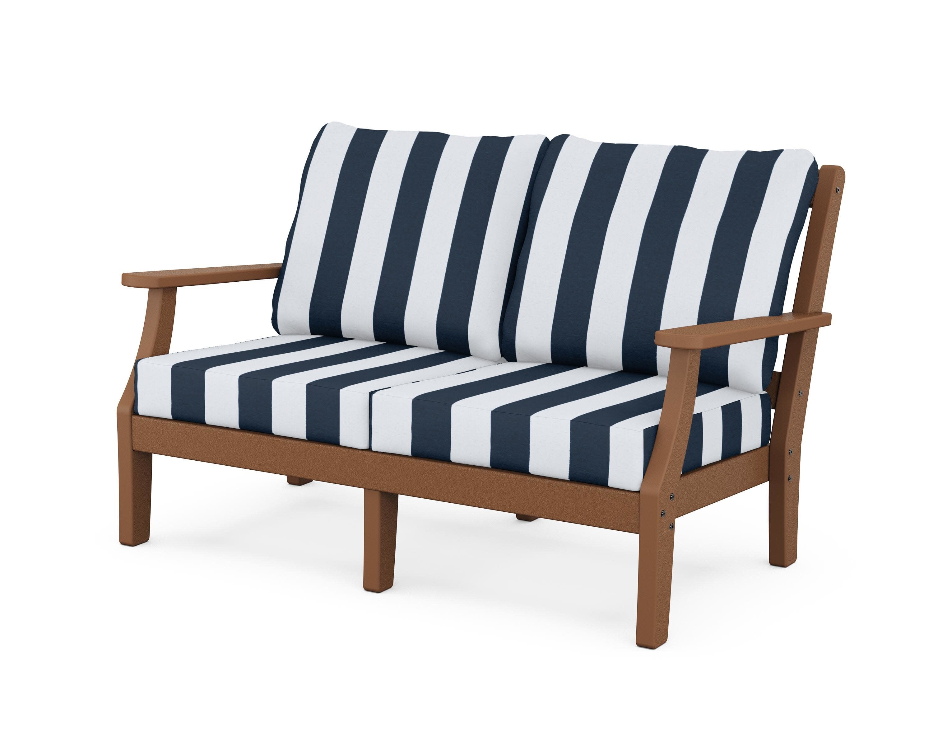 Chinoiserie Deep Seating Loveseat in Teak / Cabana Stripe Marine Indigo