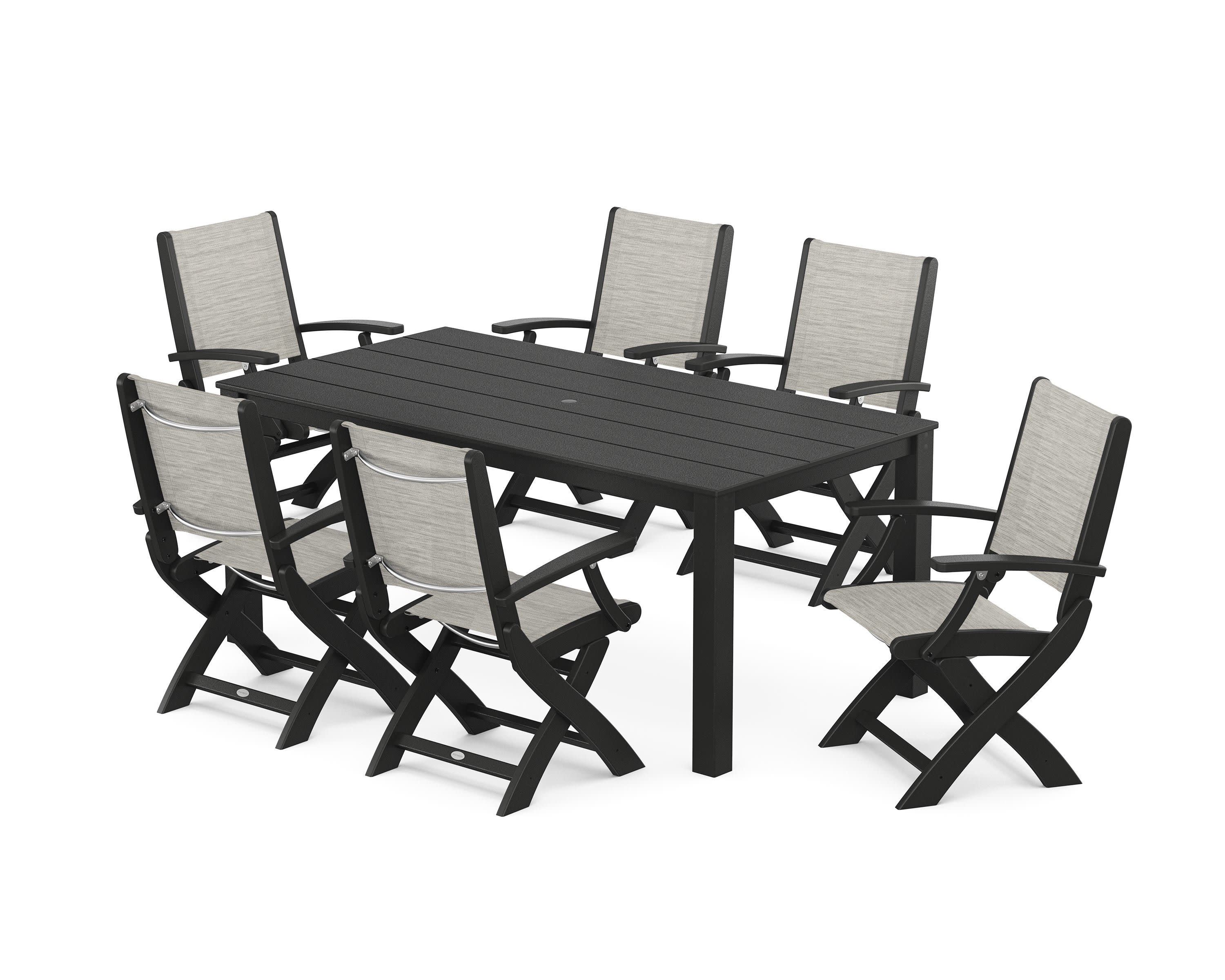 Coastal Folding Chair 7-Piece Parsons Dining Set in Black / Birch Sling