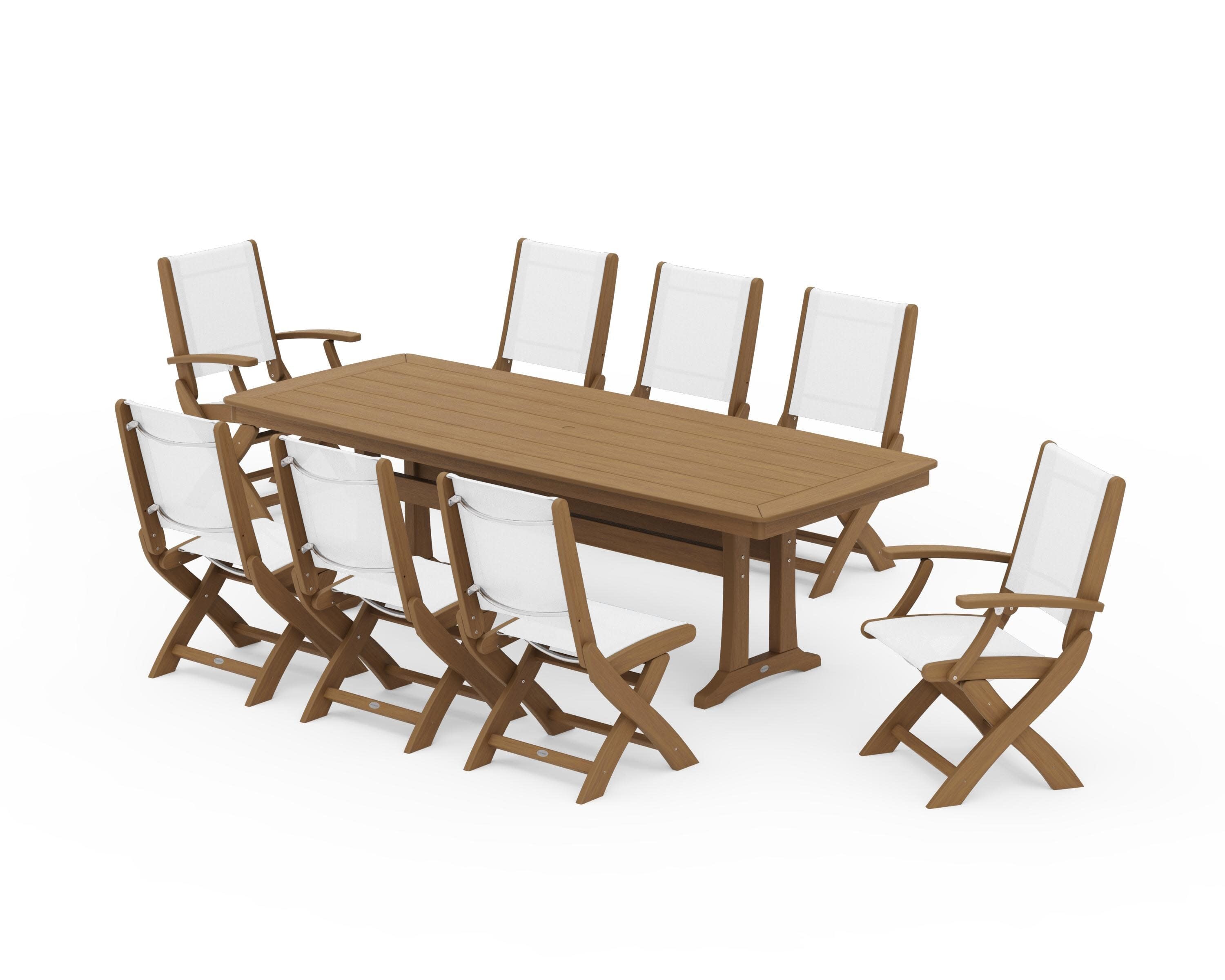 Coastal Folding 9-Piece Dining Set with Trestle Legs in Natural / White Sling