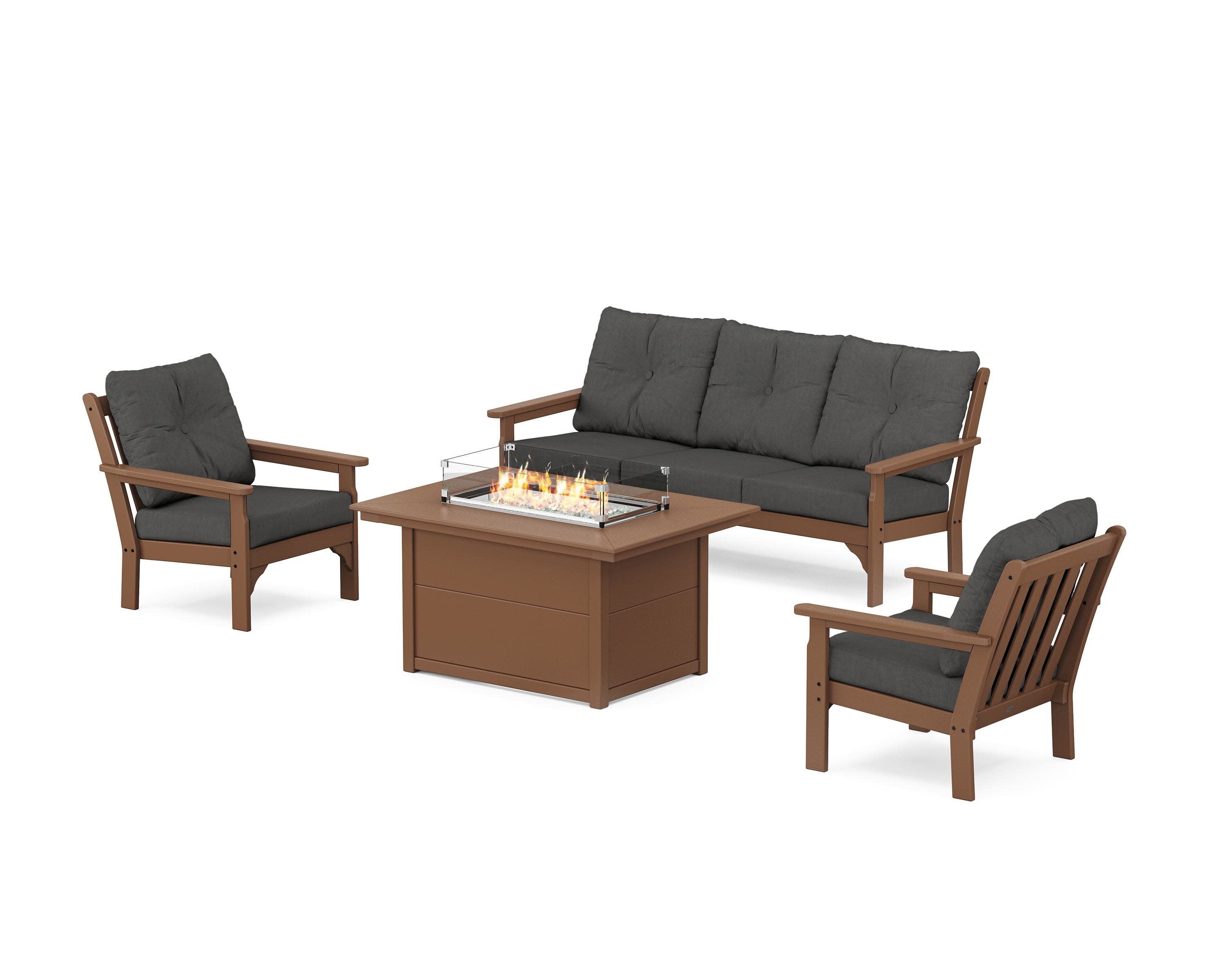 Vineyard Deep Seating Fire Pit Table Set in Teak / Spectrum Carbon
