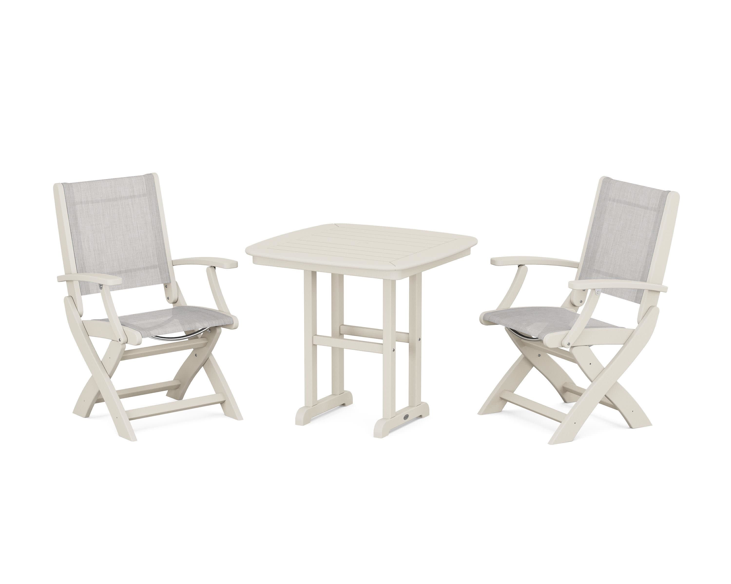 Coastal Folding Chair 3-Piece Dining Set in Sand / Parchment Sling
