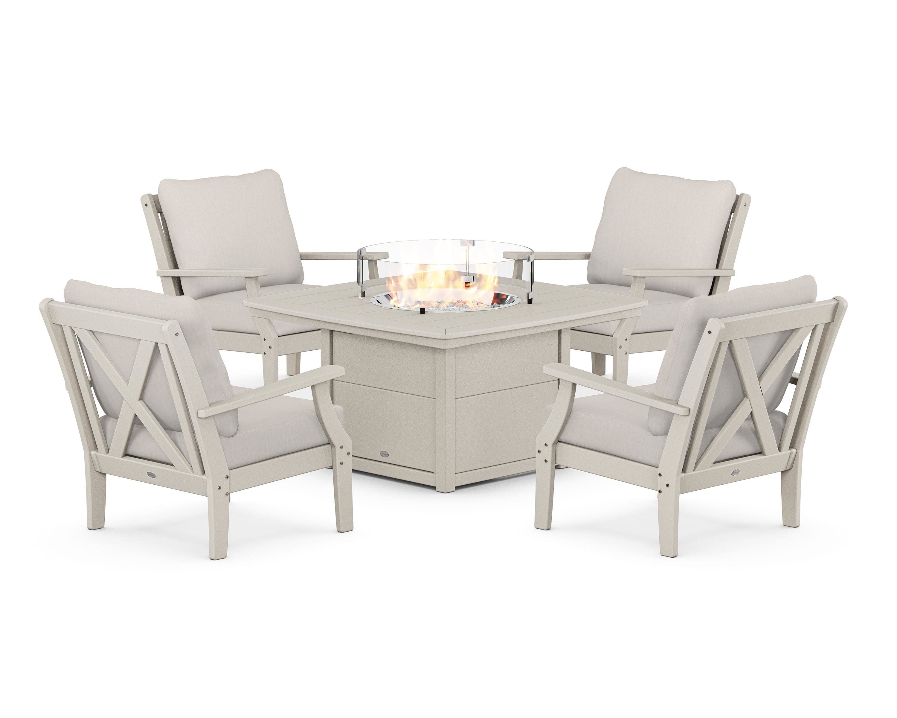 Braxton 5-Piece Deep Seating Conversation Set with Fire Pit Table in Sand / Cast Ash