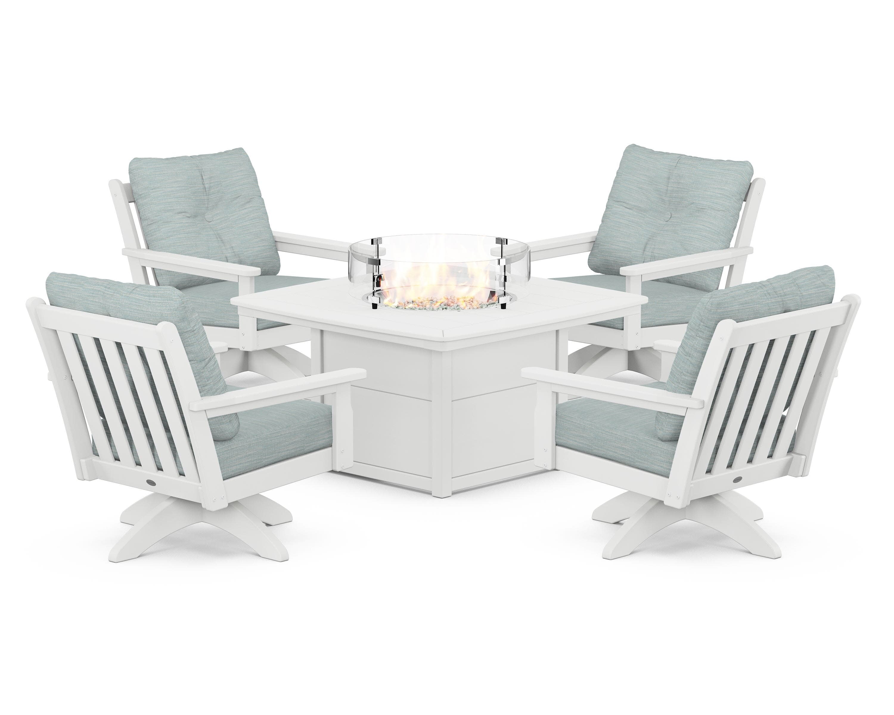 Vineyard 5-Piece Deep Seating Swivel Conversation Set with Fire Pit Table in White / Soothe Mist