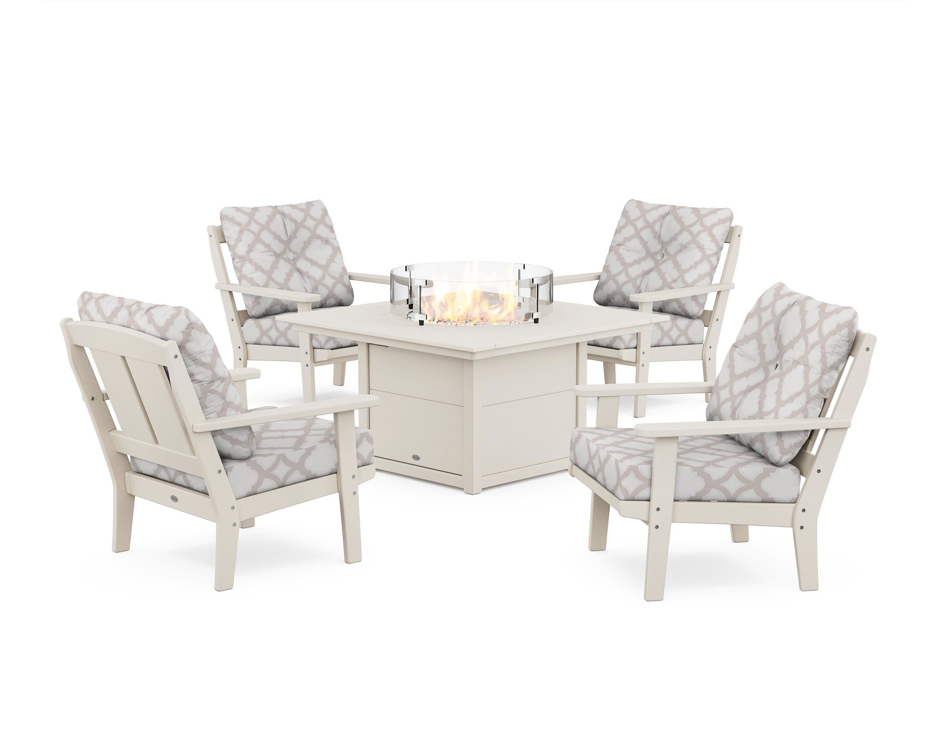 Mission 5-Piece Deep Seating Set with Fire Pit Table in Sand / Trellis Dune Burlap