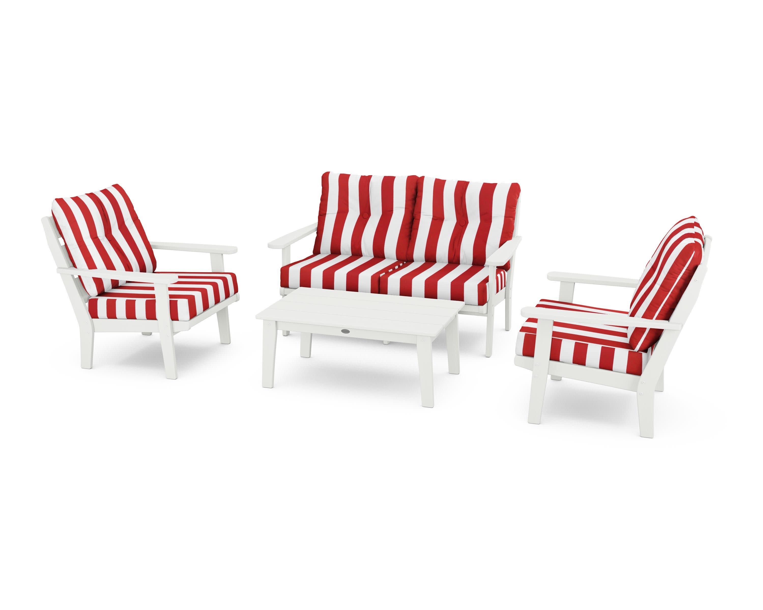Lakeside 4-Piece Deep Seating Set in Vintage White / Cabana Stripe Crimson
