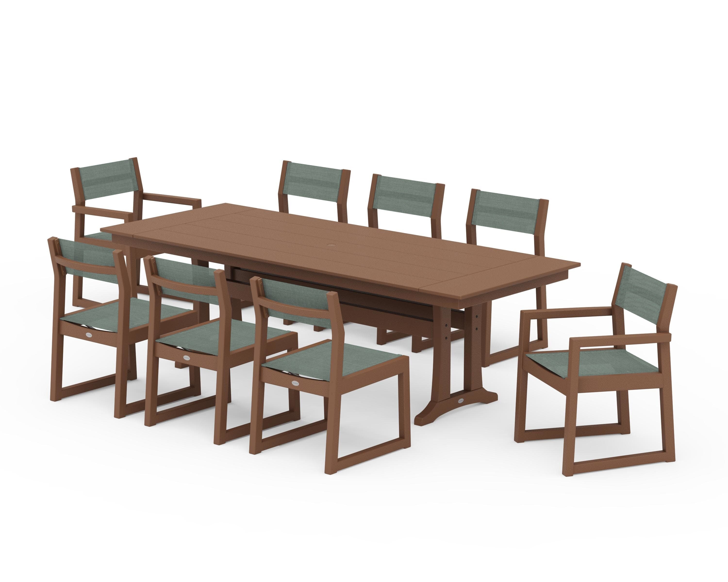 EDGE Sling 9-Piece Farmhouse Trestle Dining Set in Teak / Dupioni Sea Mist Sling
