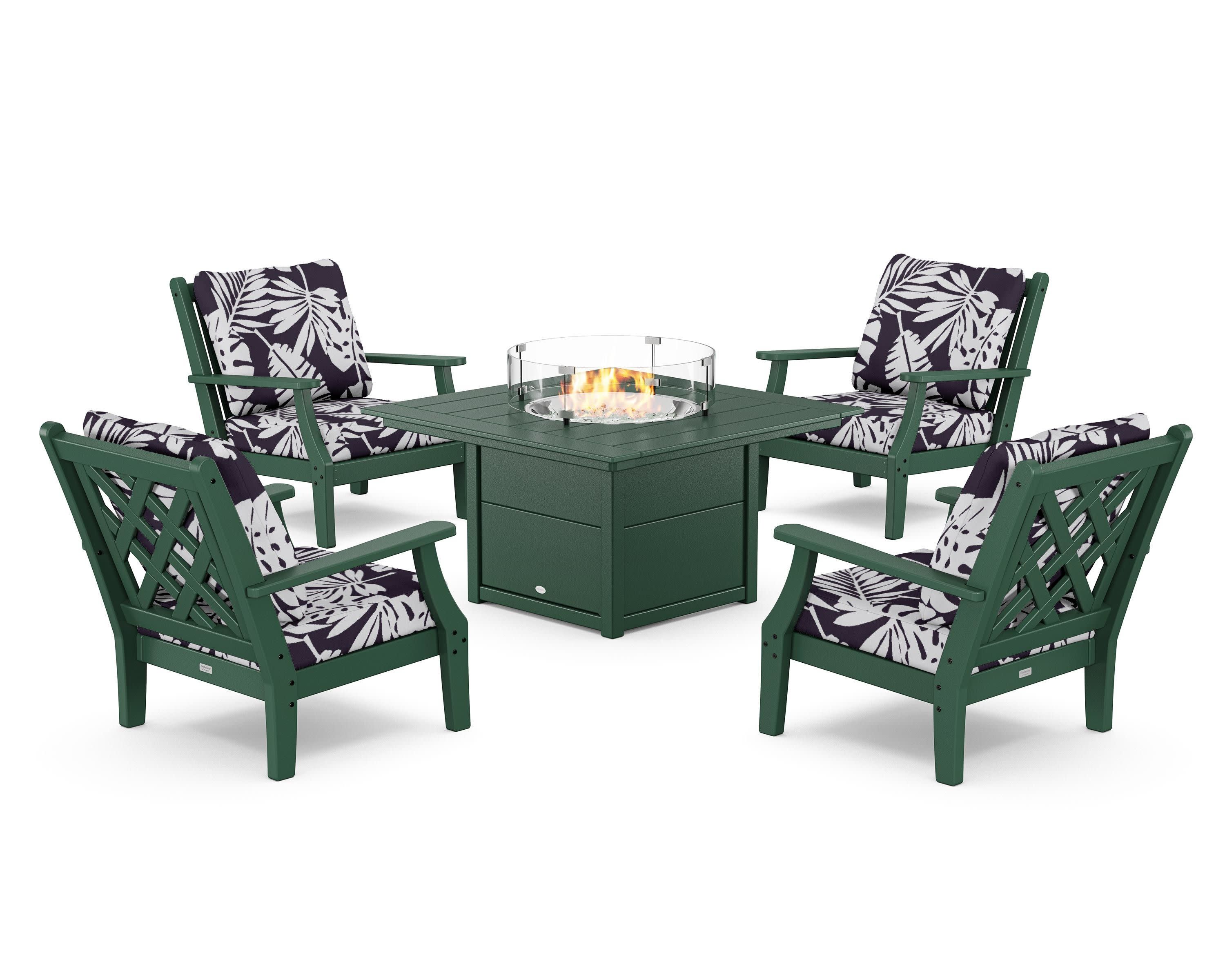 Wovendale 5-Piece Deep Seating Set with Fire Pit Table in Green / Leaf Navy