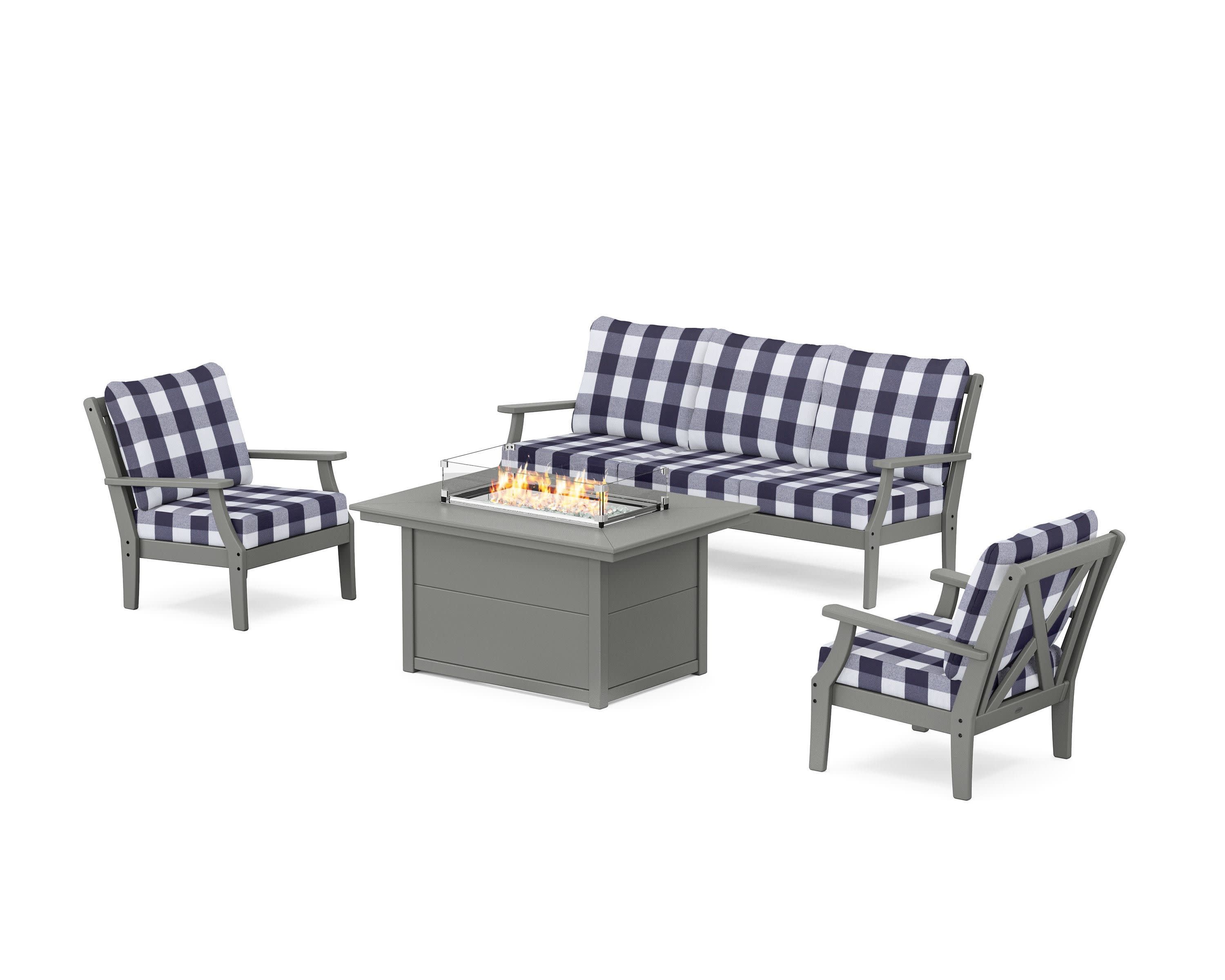 Braxton Deep Seating Fire Pit Table Set in Slate Grey / Buffalo Plaid Navy