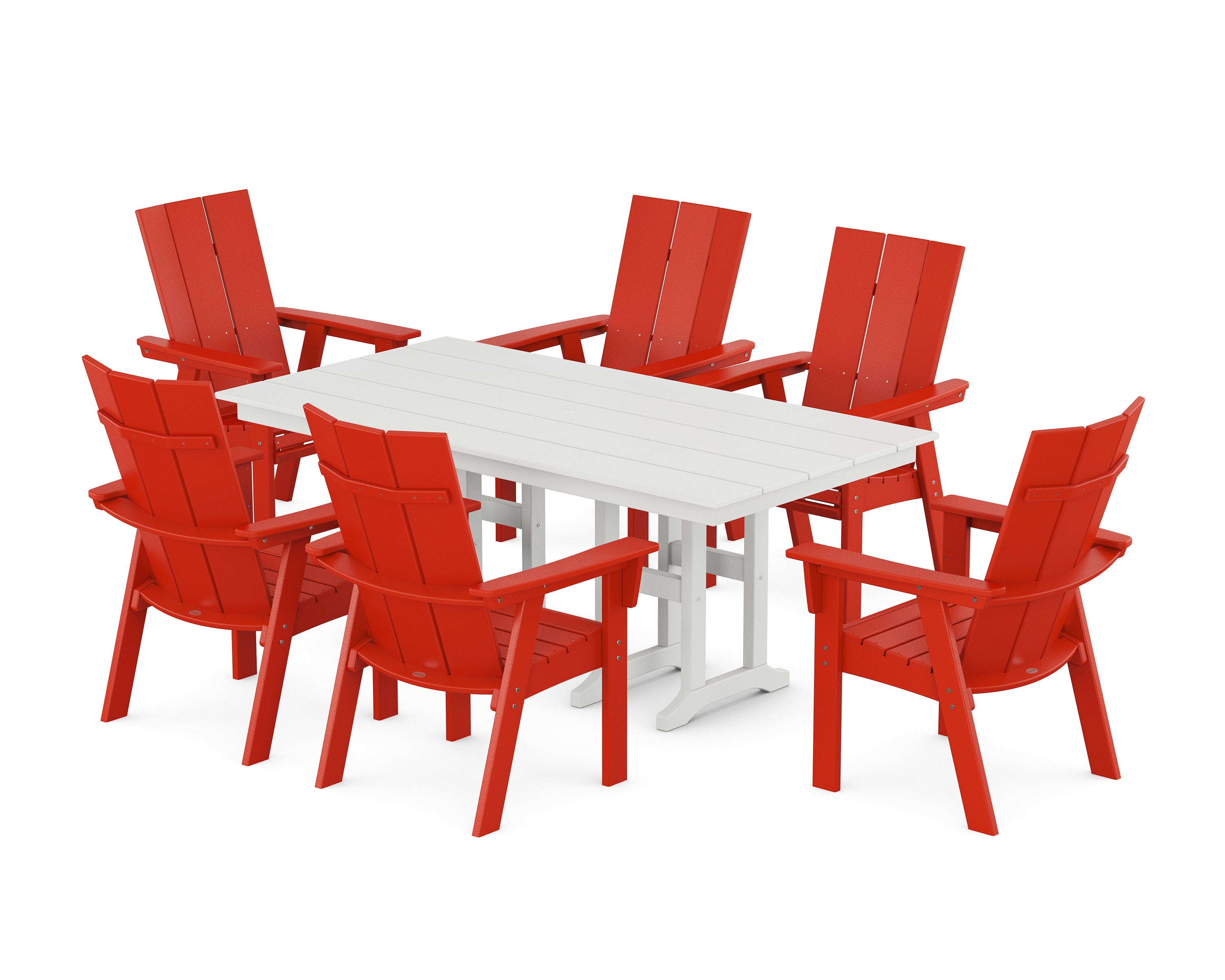 Modern Curveback Adirondack 7-Piece Farmhouse Dining Set in Sunset Red / White