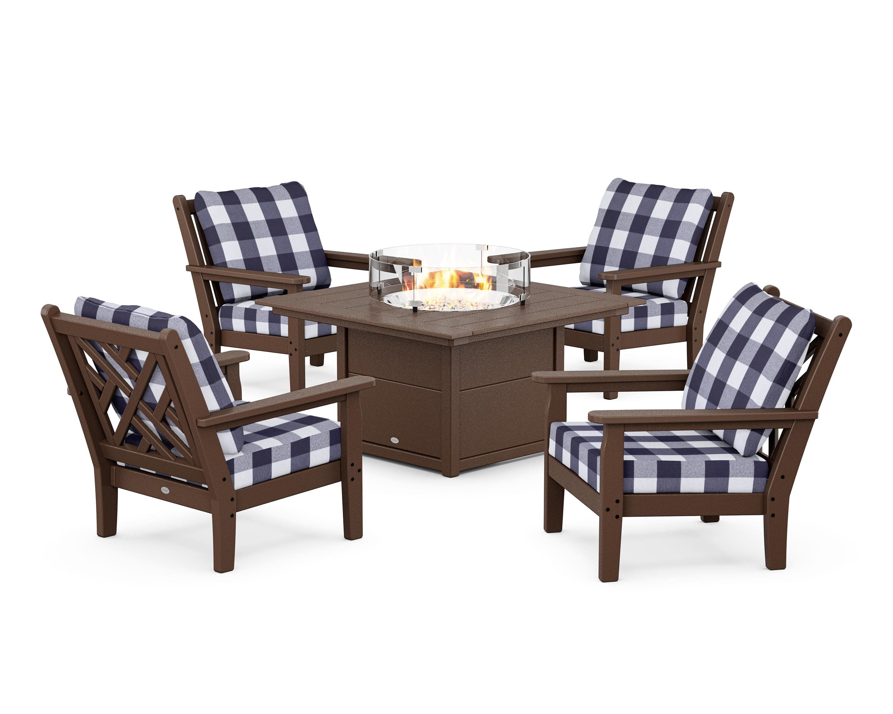 Chippendale 5-Piece Deep Seating Set with Fire Pit Table in Mahogany / Buffalo Plaid Navy