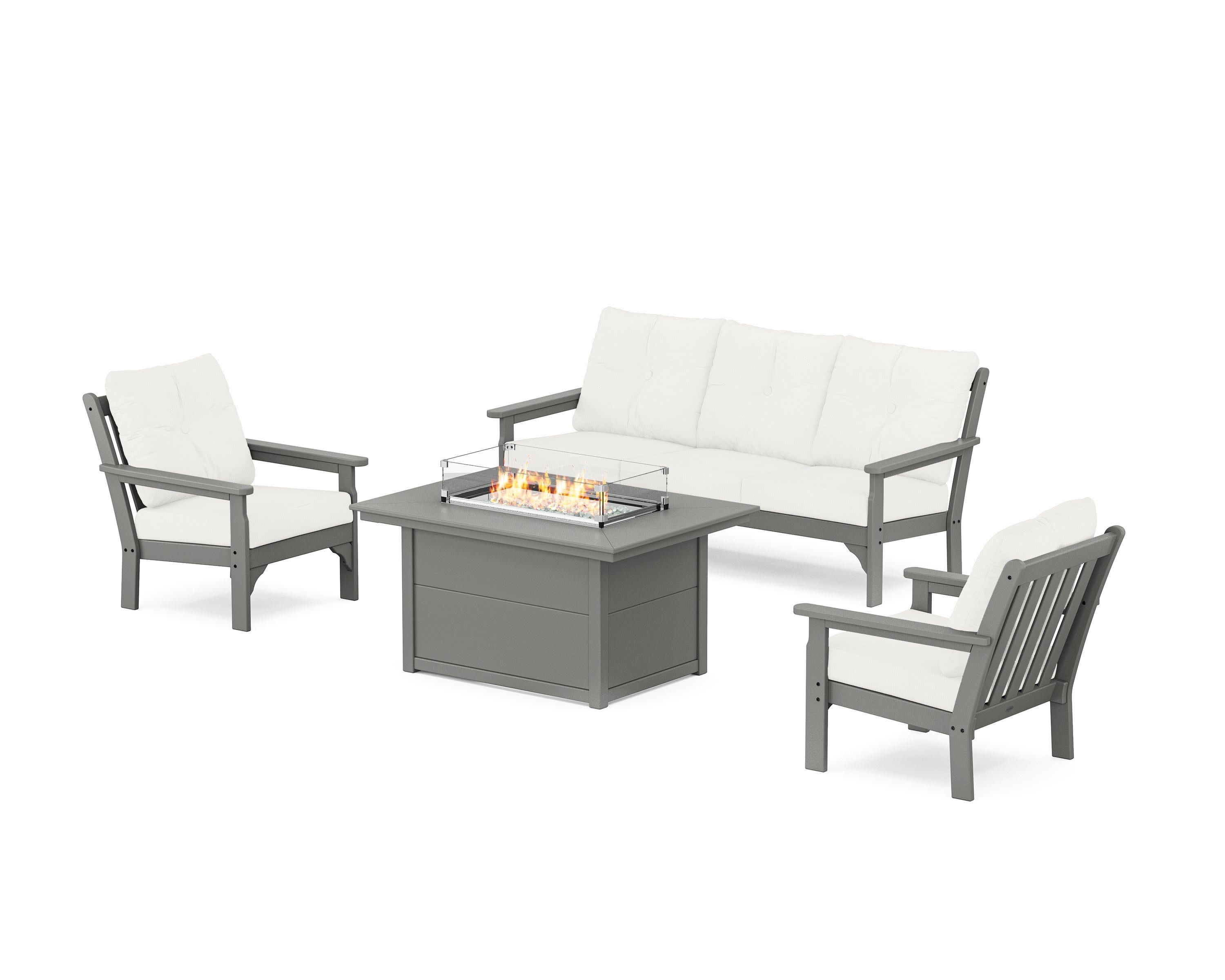 Vineyard Deep Seating Fire Pit Table Set in Slate Grey / Natural Linen