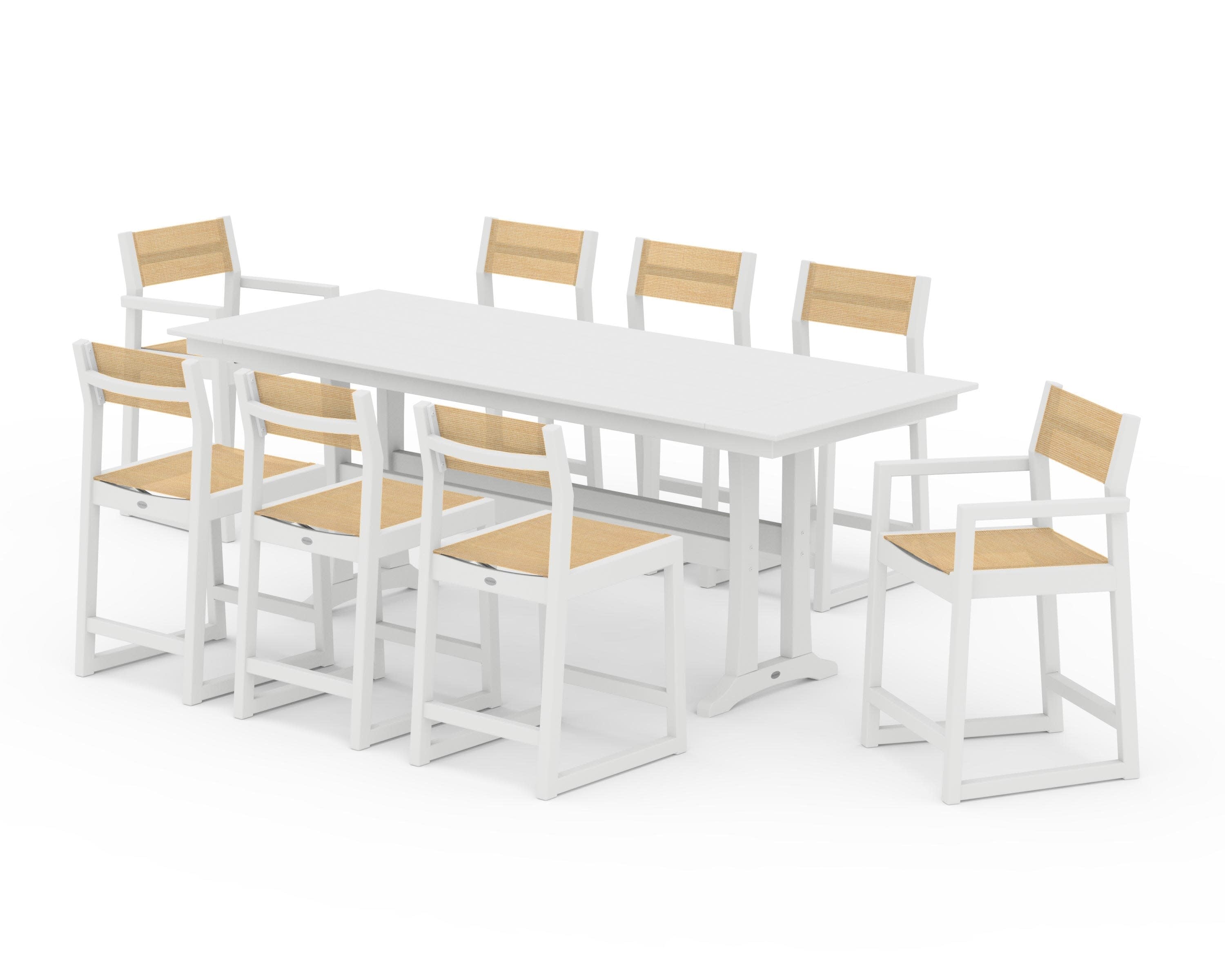 EDGE Sling 9-Piece Farmhouse Counter Set with Trestle Legs in White / Dupioni Apricot Sling