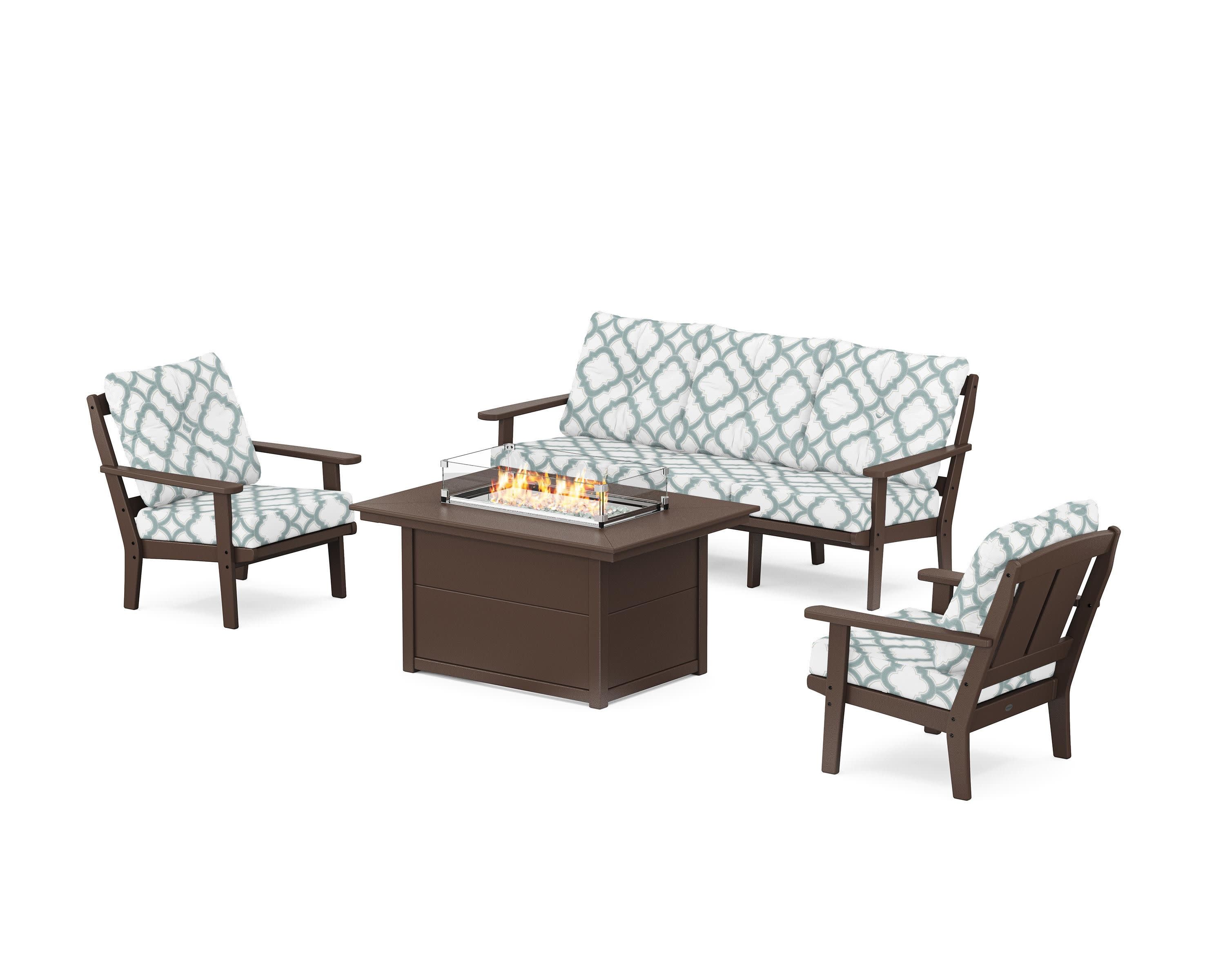 Mission Deep Seating Fire Pit Table Set in Mahogany / Trellis Glacier Spa