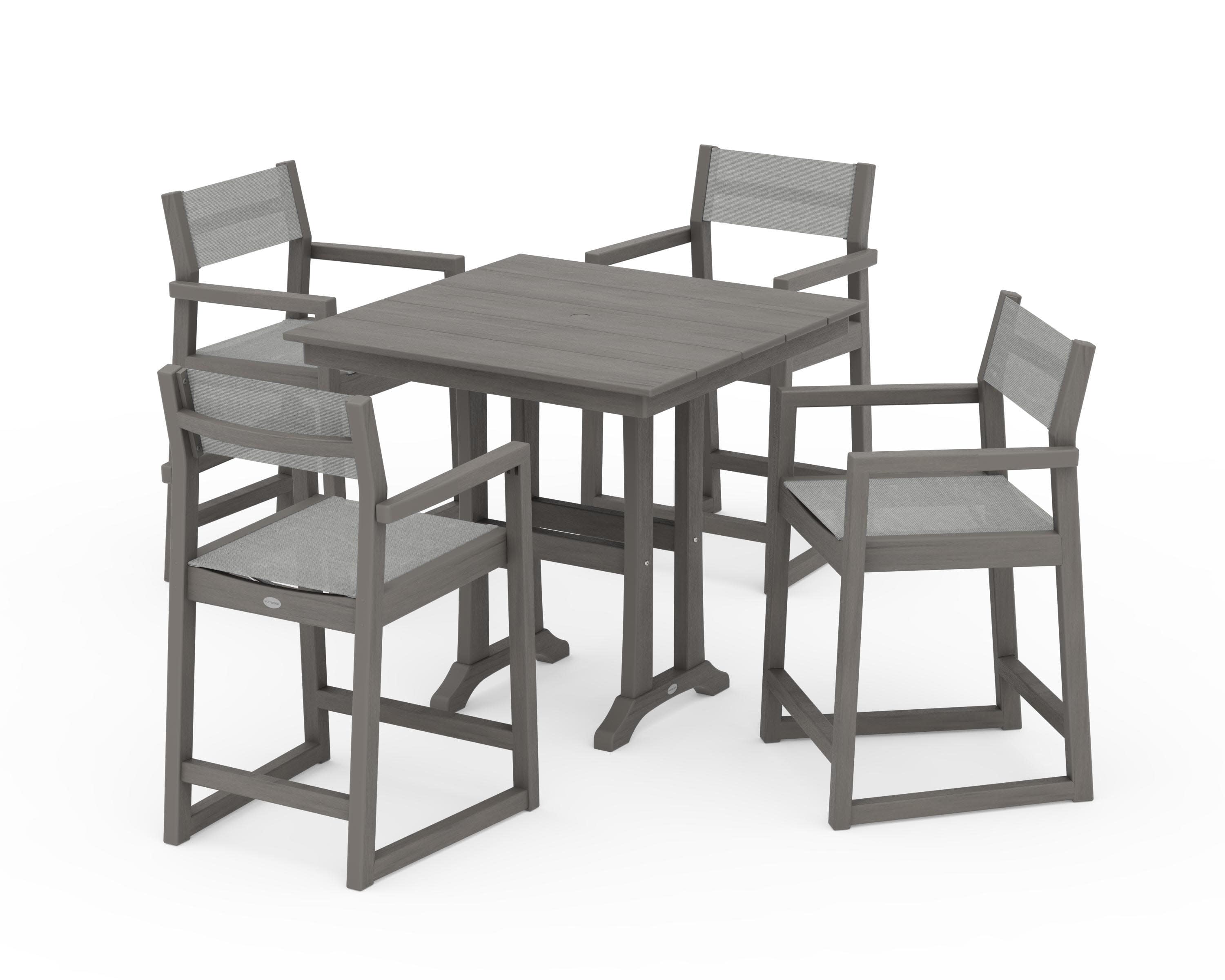 EDGE Sling Arm Chair 5-Piece Farmhouse Counter Set with Trestle Legs in Driftwood / Metallic Sling