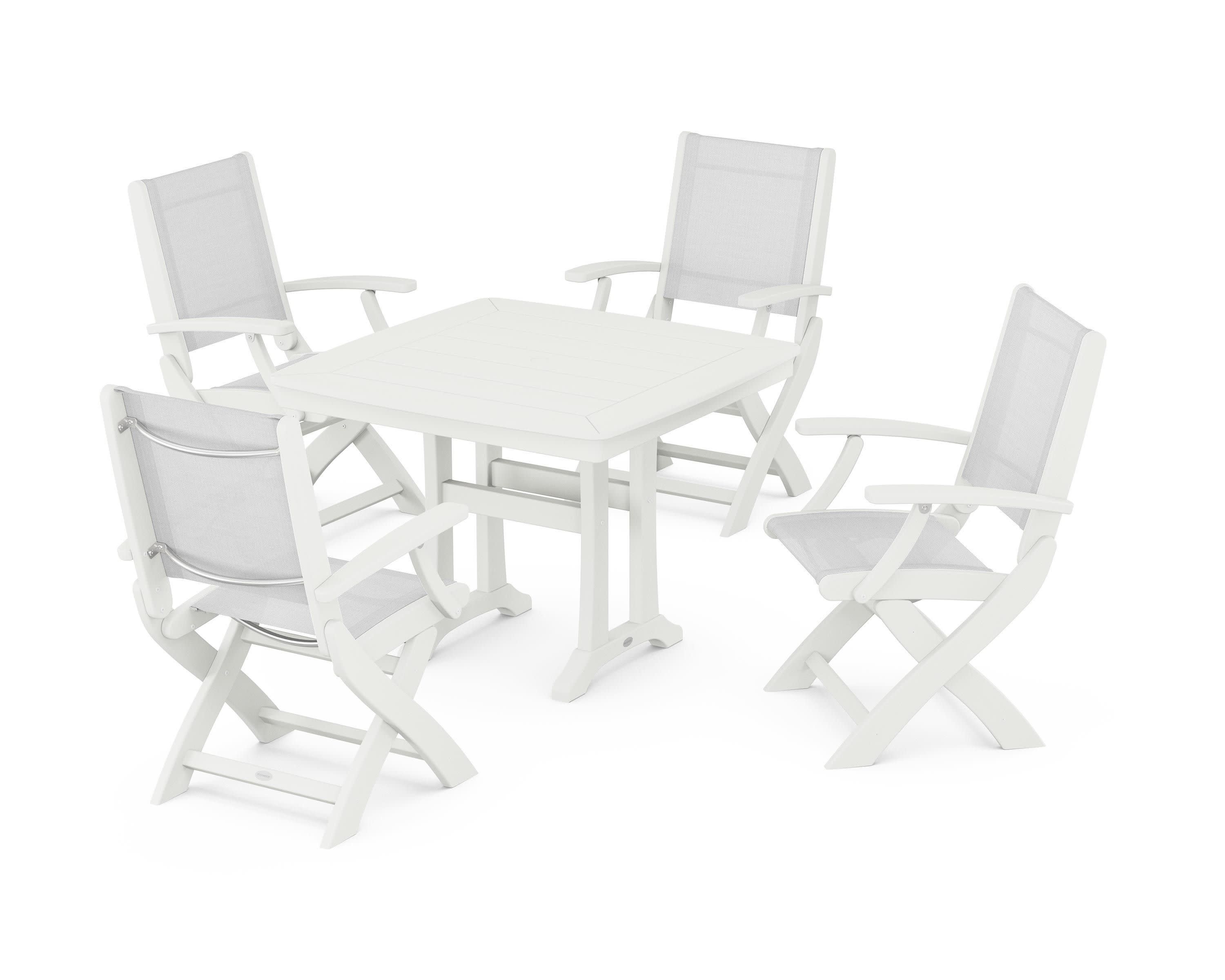 Coastal Folding Chair 5-Piece Dining Set with Trestle Legs in Vintage White / White Sling