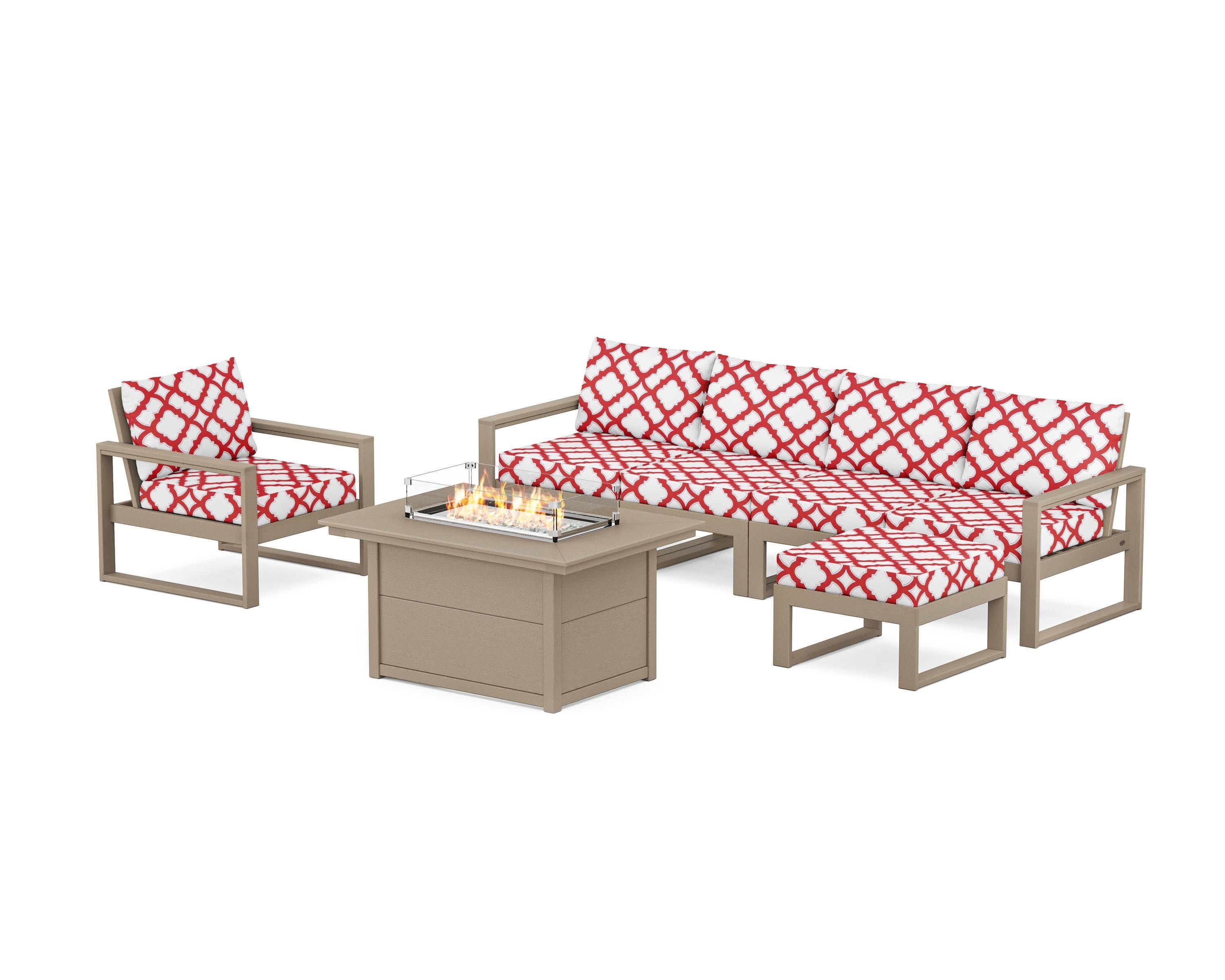 EDGE Sectional Lounge and Fire Pit Set in Vintage Sahara / Trellis Crimson