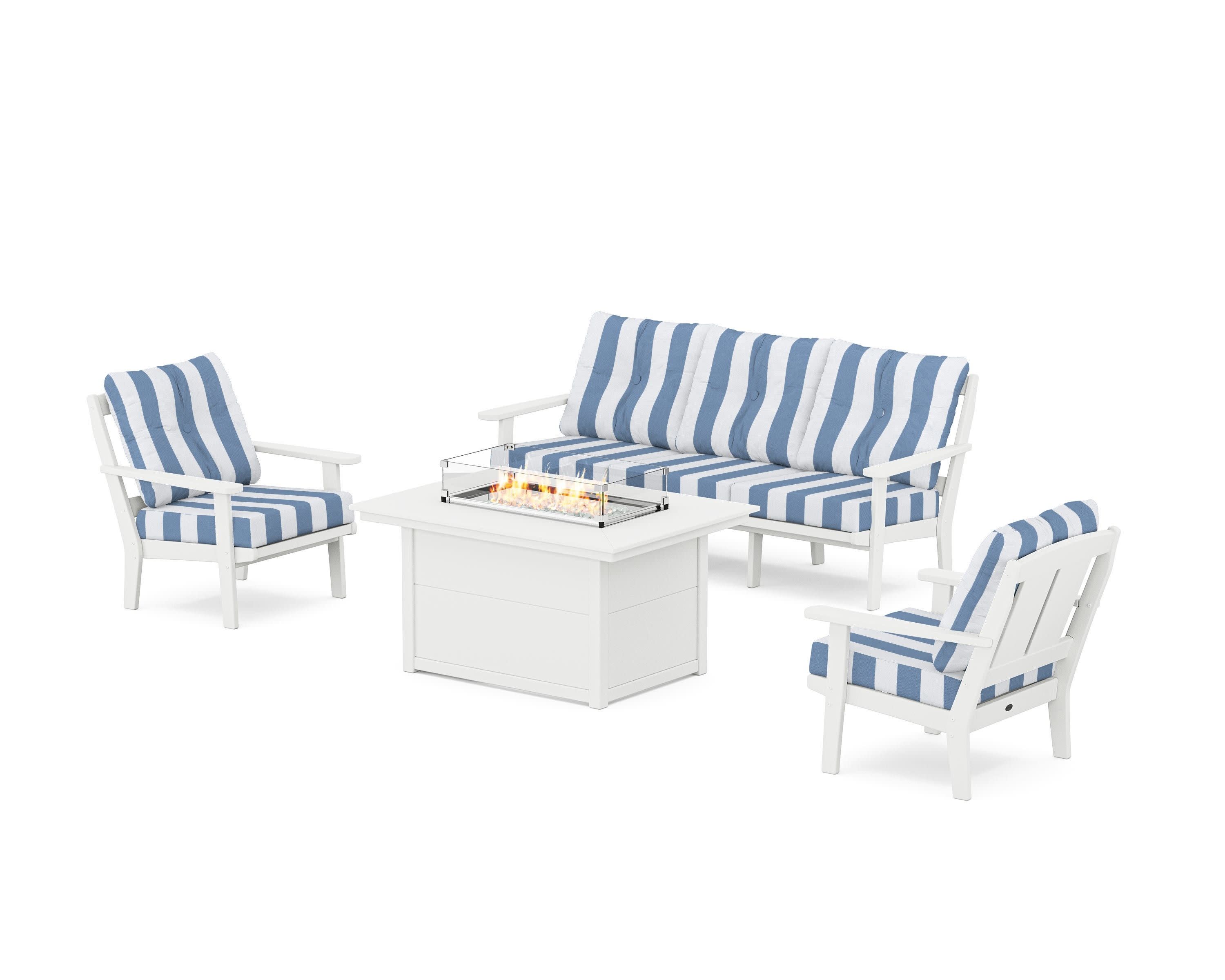 Mission Deep Seating Fire Pit Table Set in White / Cabana Stripe Sky Blue