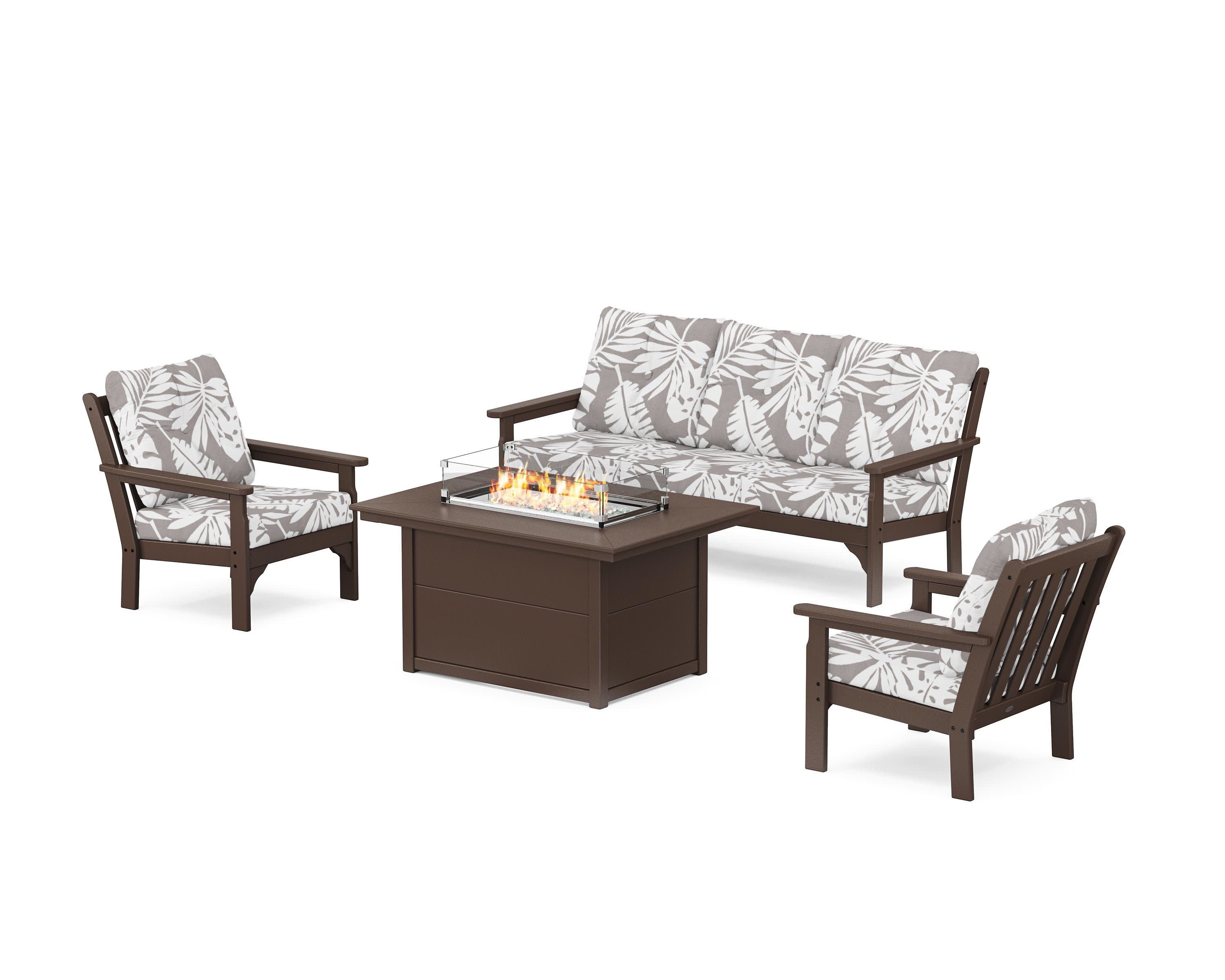 Vineyard Deep Seating Fire Pit Table Set in Mahogany / Leaf Grey Mist
