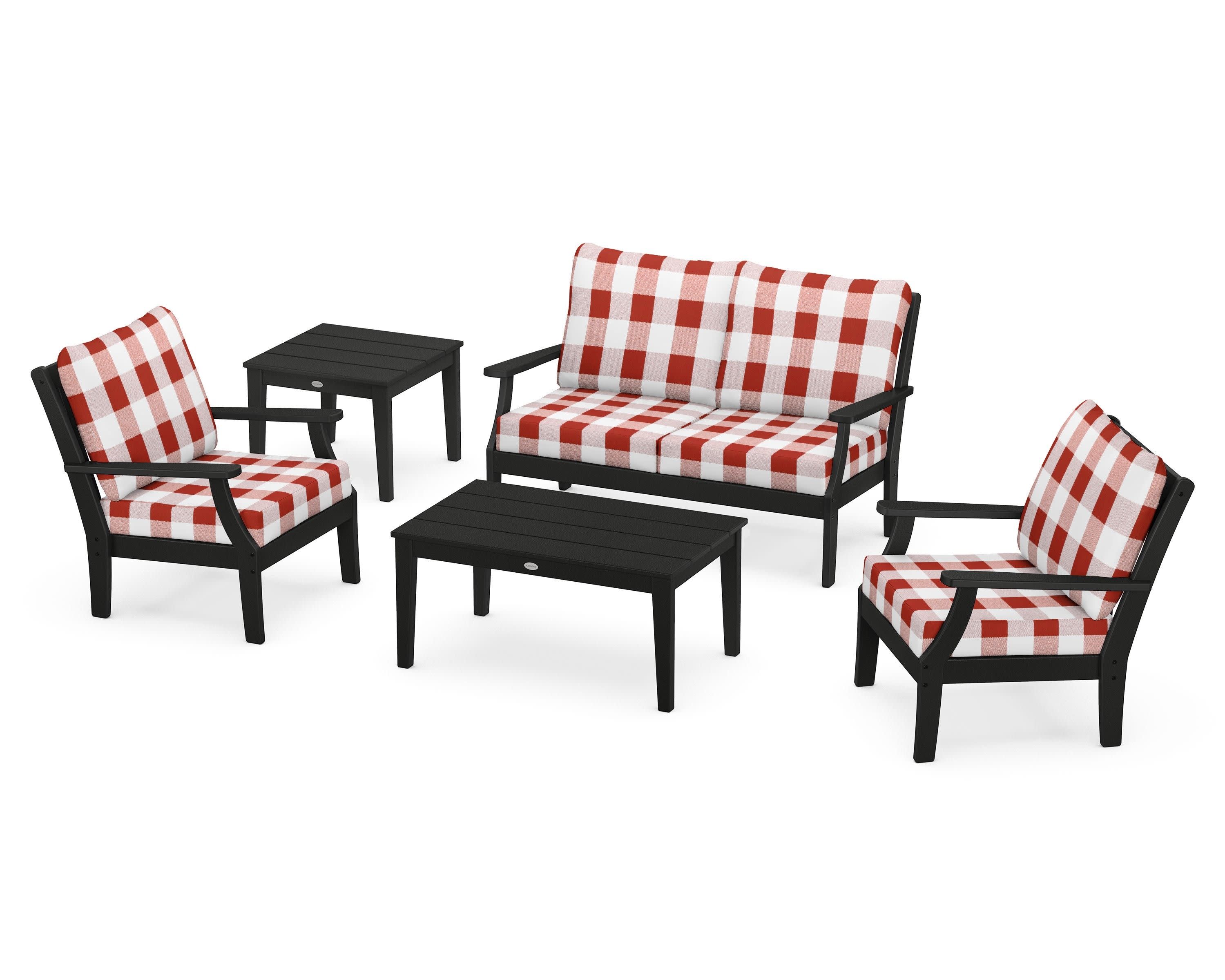 Braxton 5-Piece Deep Seating Set in Black / Buffalo Plaid Crimson