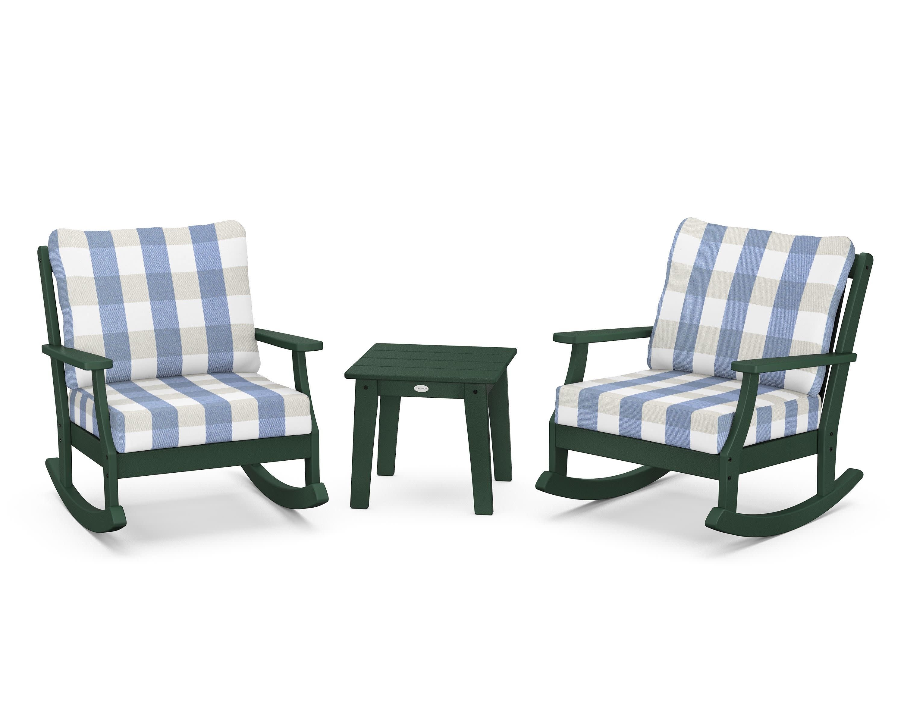 Braxton 3-Piece Deep Seating Rocker Set in Green / Buffalo Plaid Sky Blue