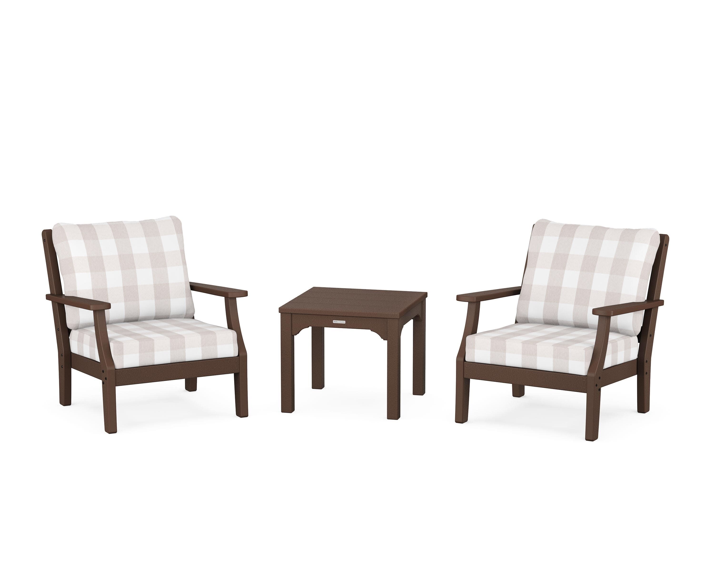 Chinoiserie 3-Piece Deep Seating Set in Mahogany / Buffalo Plaid Dune Burlap