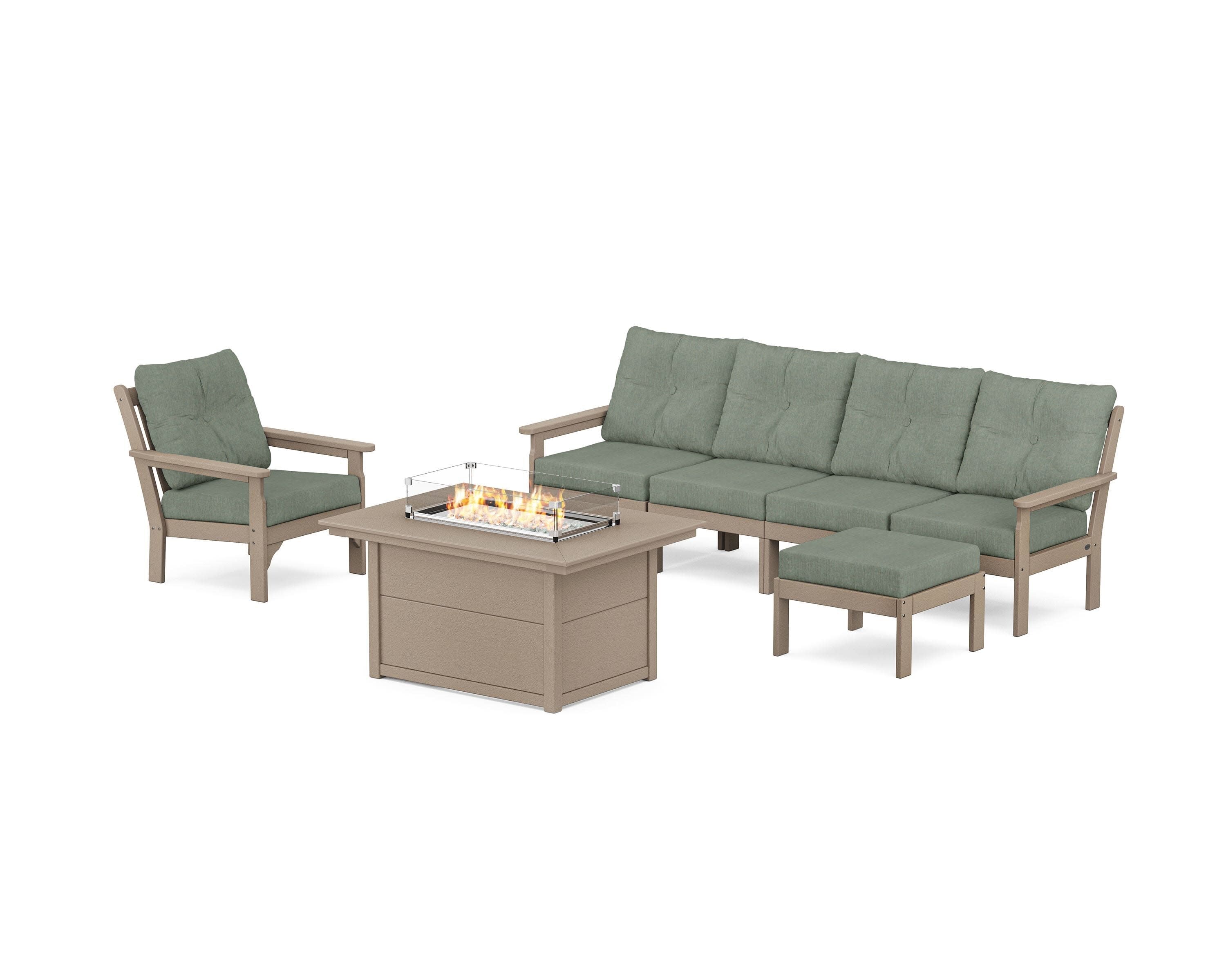 Vineyard Sectional Lounge and Fire Pit Set in Vintage Sahara / Cast Sage