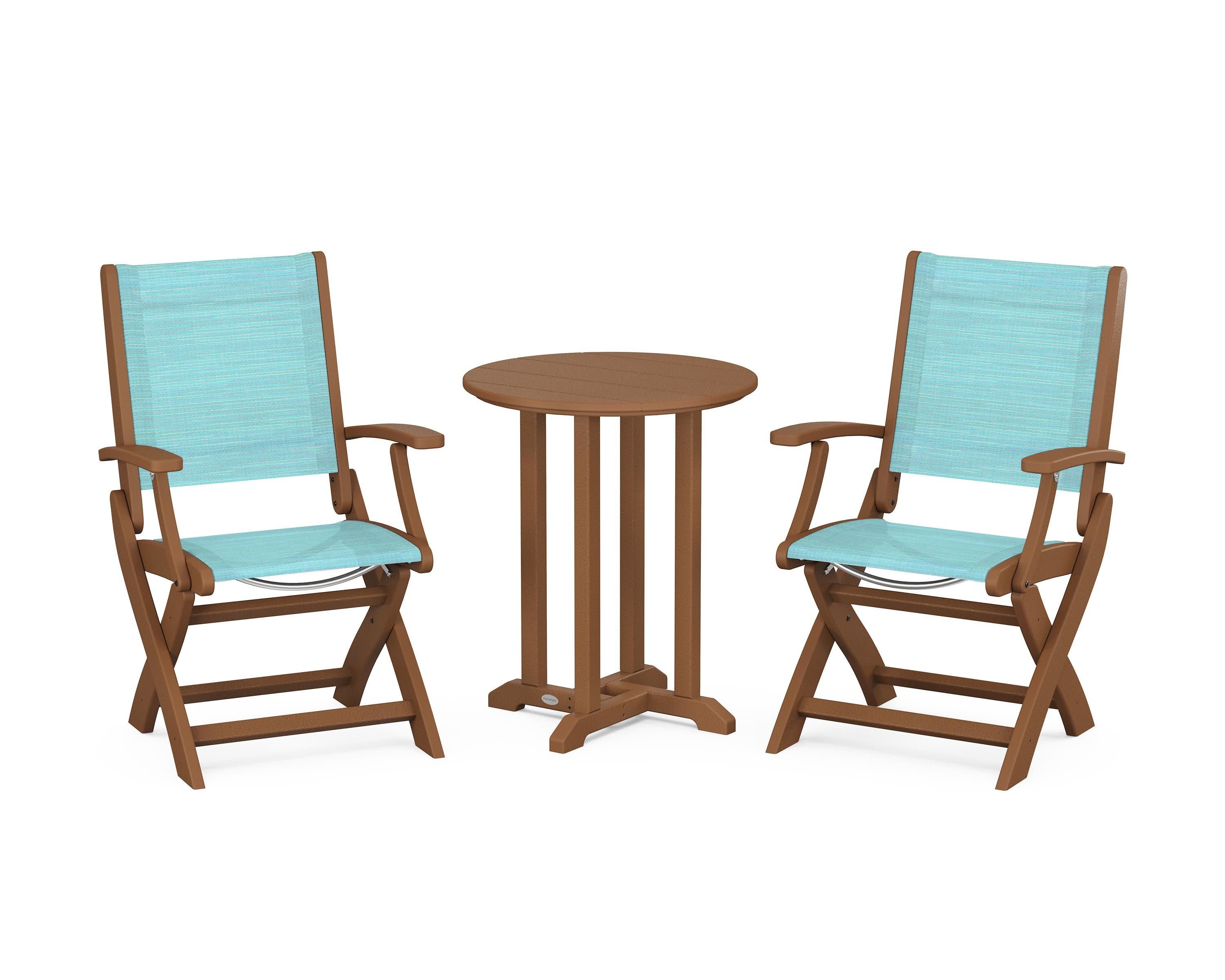 Coastal Folding 3-Piece Round Bistro Dining Set in Teak / Dupioni Aquamarine Sling