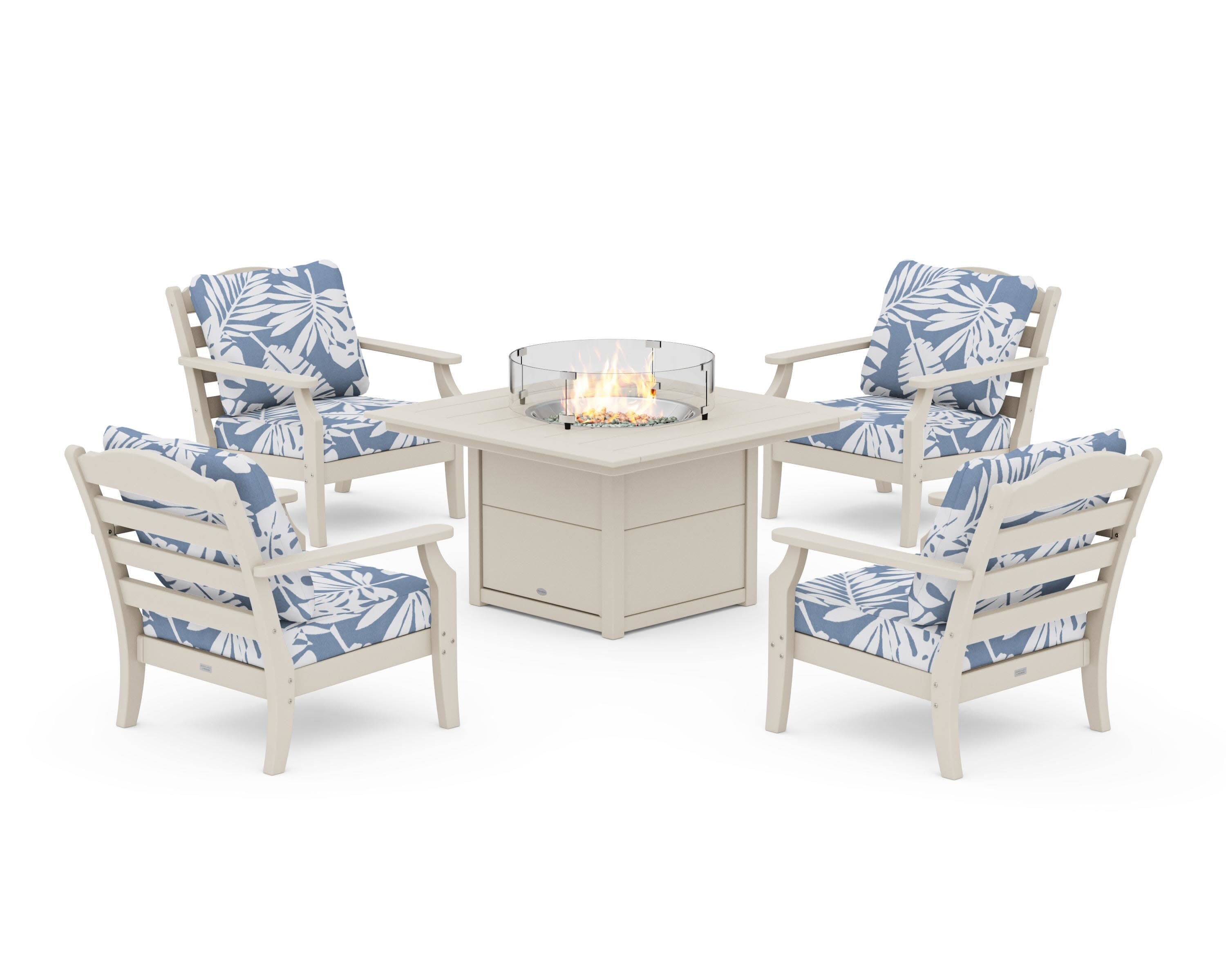 Savannah 5-Piece Deep Seating Set with Fire Pit Table in Sand / Leaf Sky Blue
