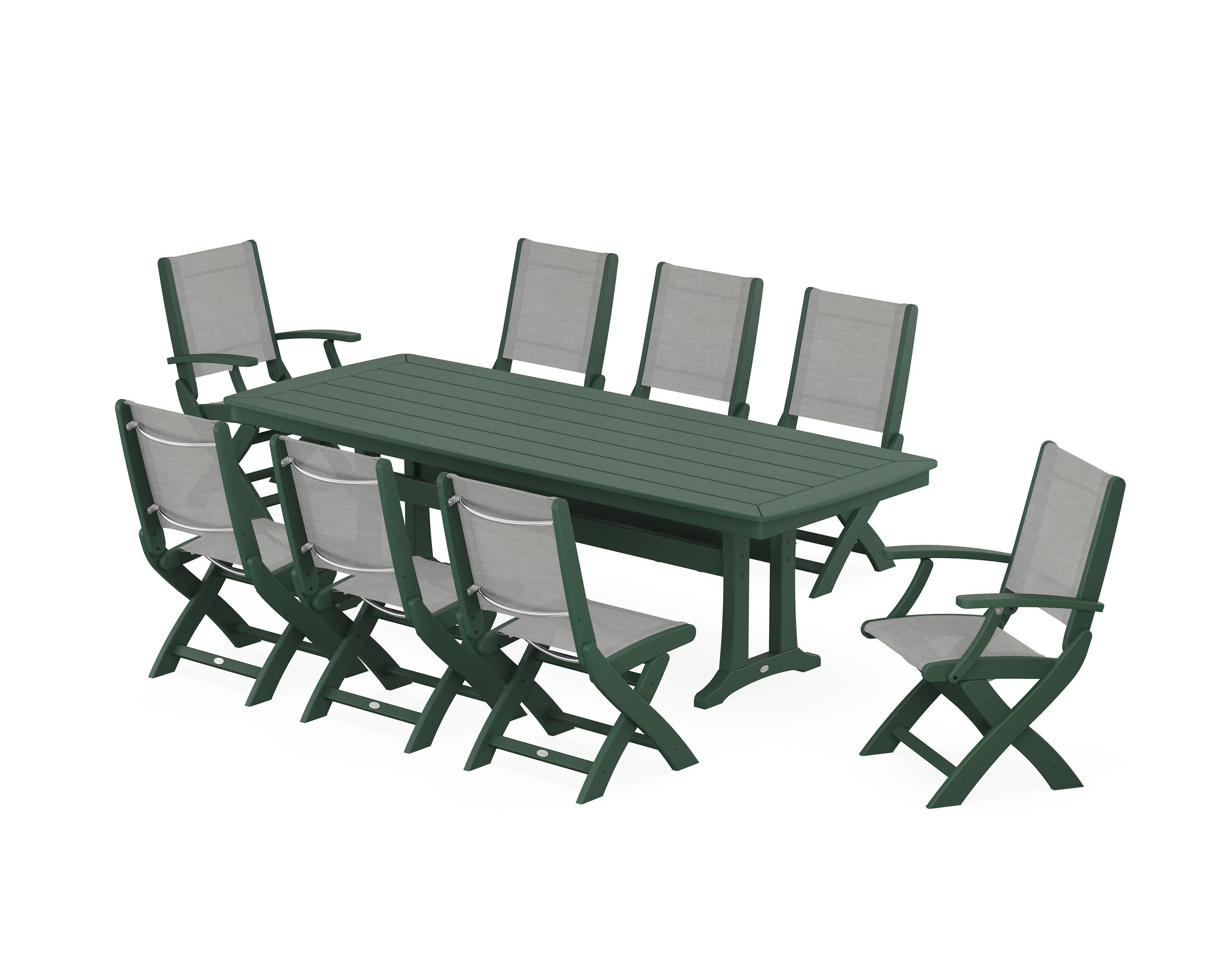 Coastal Folding 9-Piece Dining Set with Trestle Legs in Green / Metallic Sling