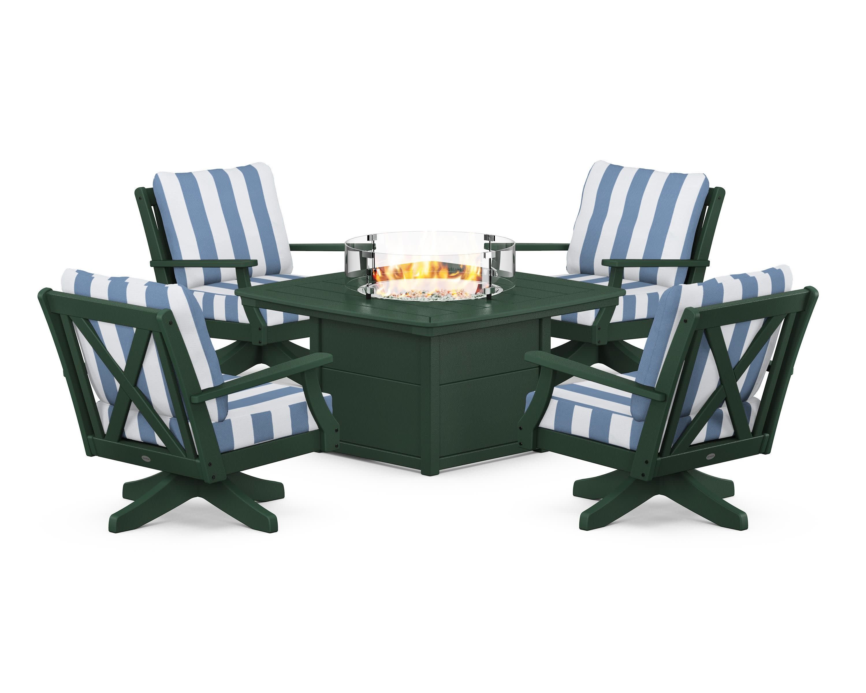 Braxton 5-Piece Deep Seating Swivel Conversation Set with Fire Pit Table in Green / Cabana Stripe Sky Blue