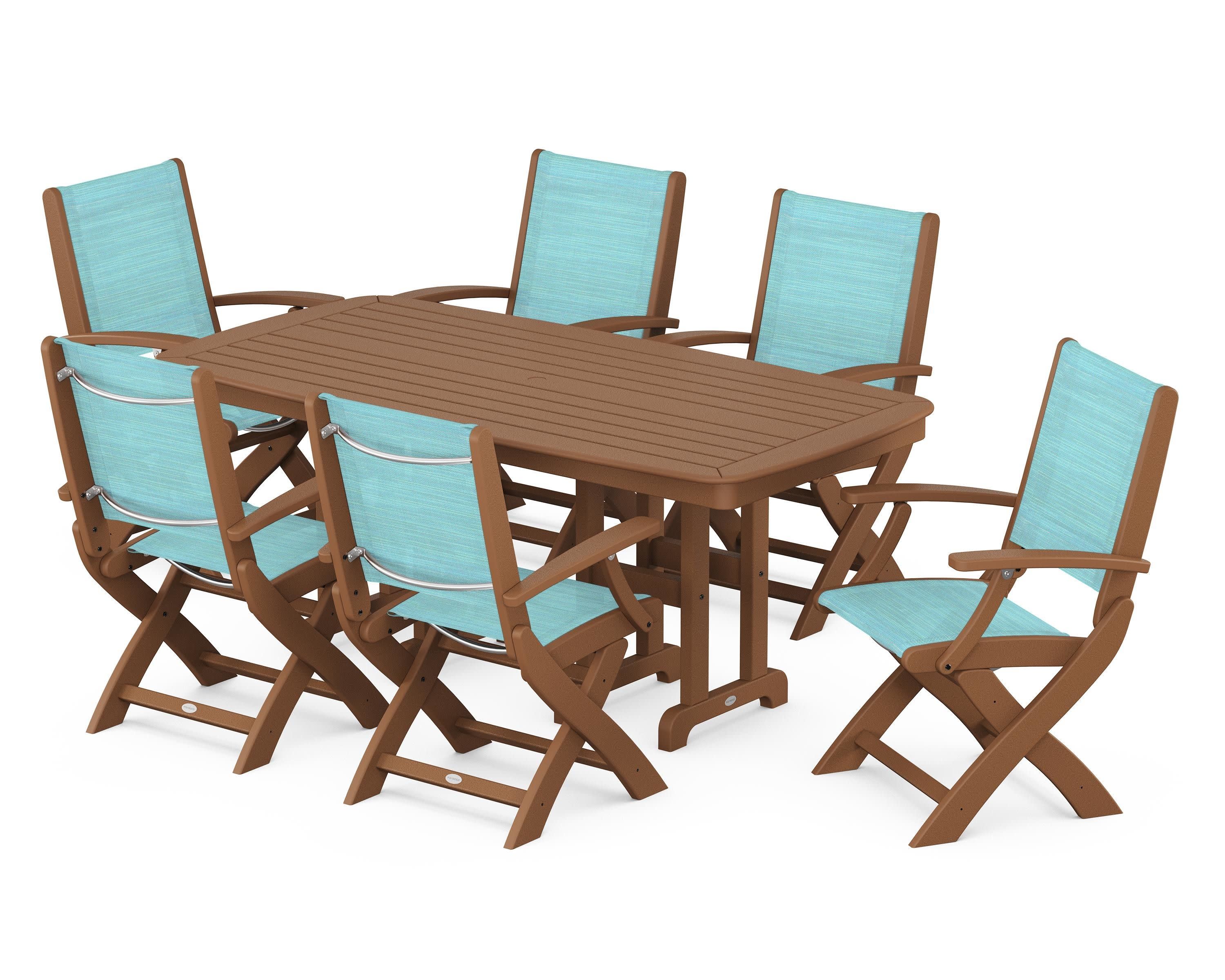 Coastal Folding Arm Chair 7-Piece Dining Set in Teak / Dupioni Aquamarine Sling
