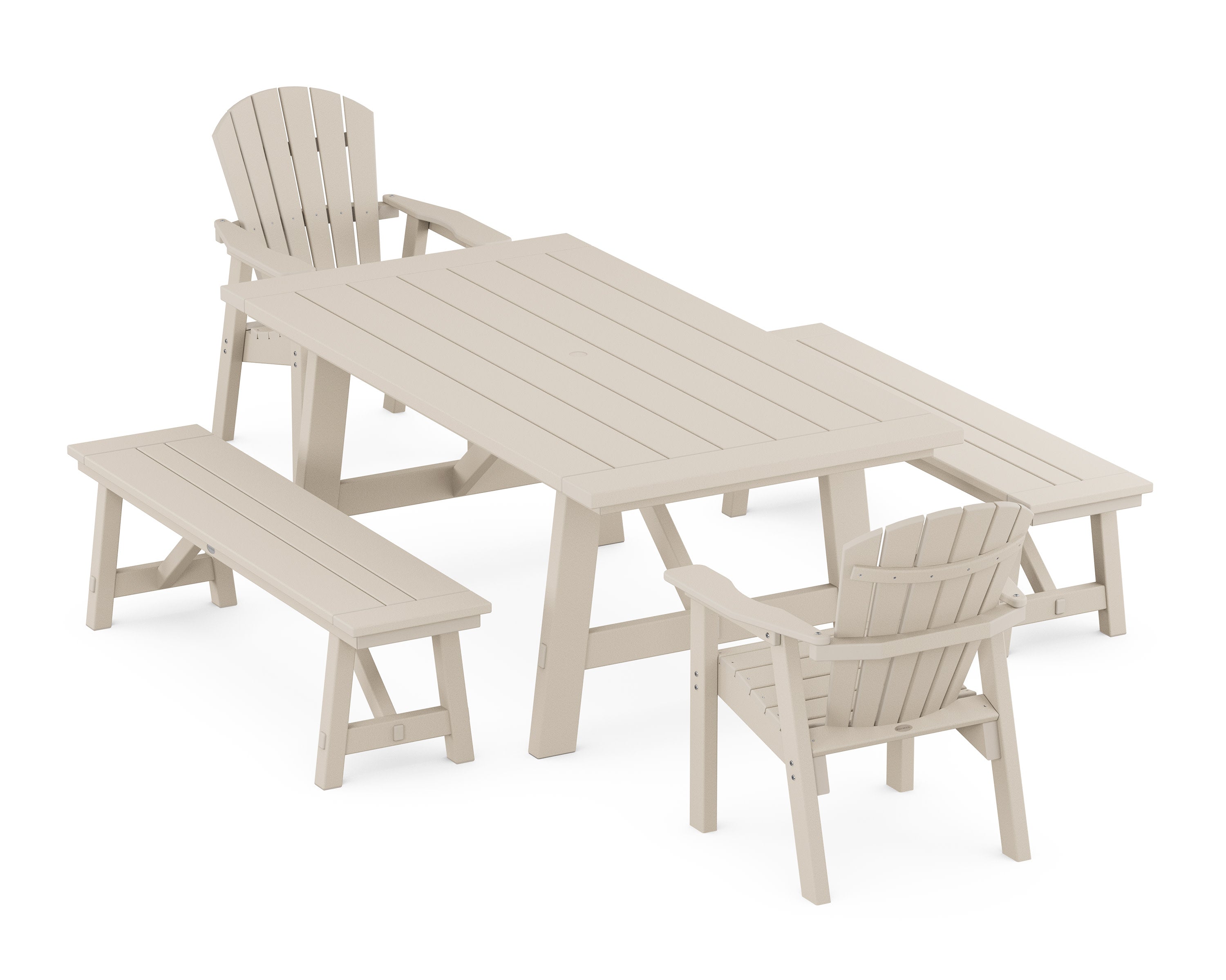 Seashell 5-Piece Rustic Farmhouse Dining Set With Benches in Sand